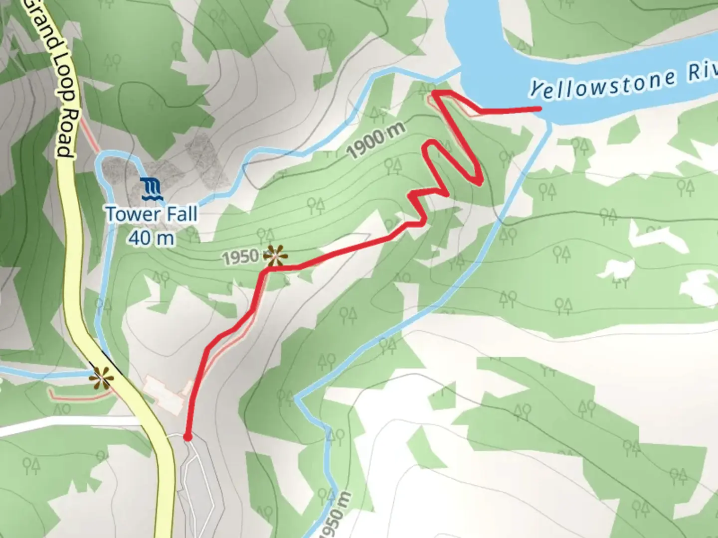 An image depicting the trail Tower Fall and its surrounding area.