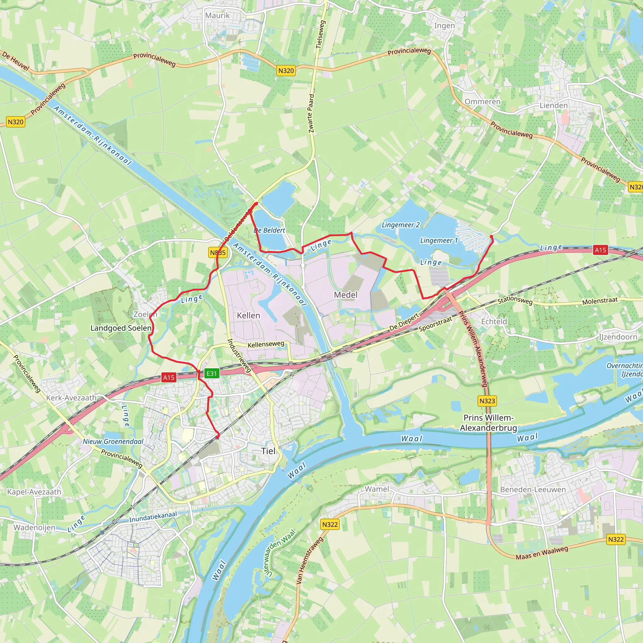 Tiel to Gelderse Singel via De Beldert and Lingemeer mobile static map