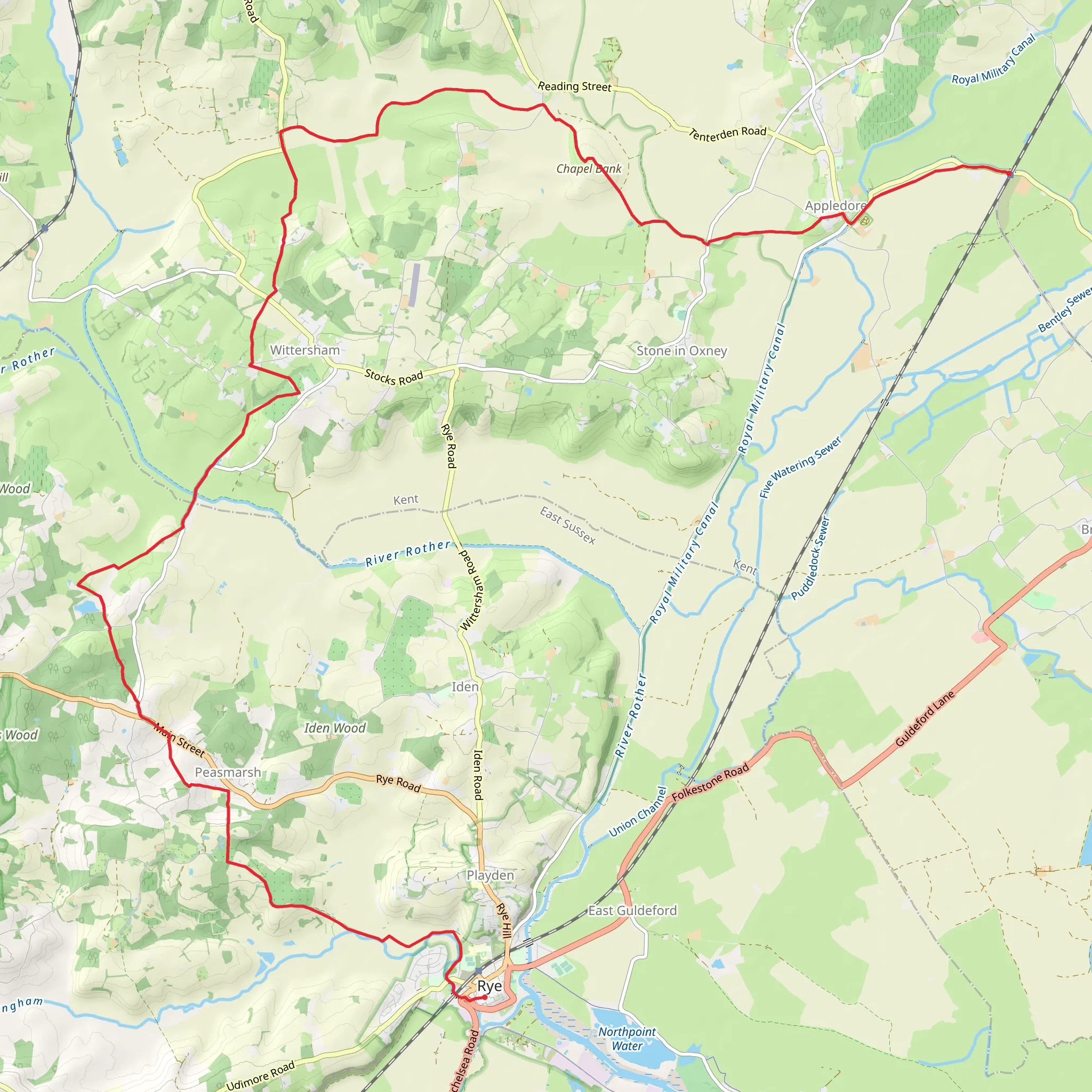 Appledore to Rye Walk via Wittersham mobile static map