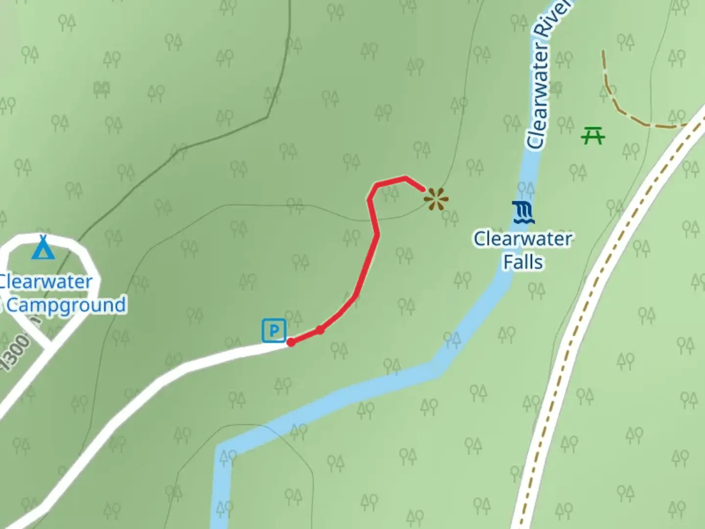 An image depicting the trail Clearwater Falls Out and Back and its surrounding area.