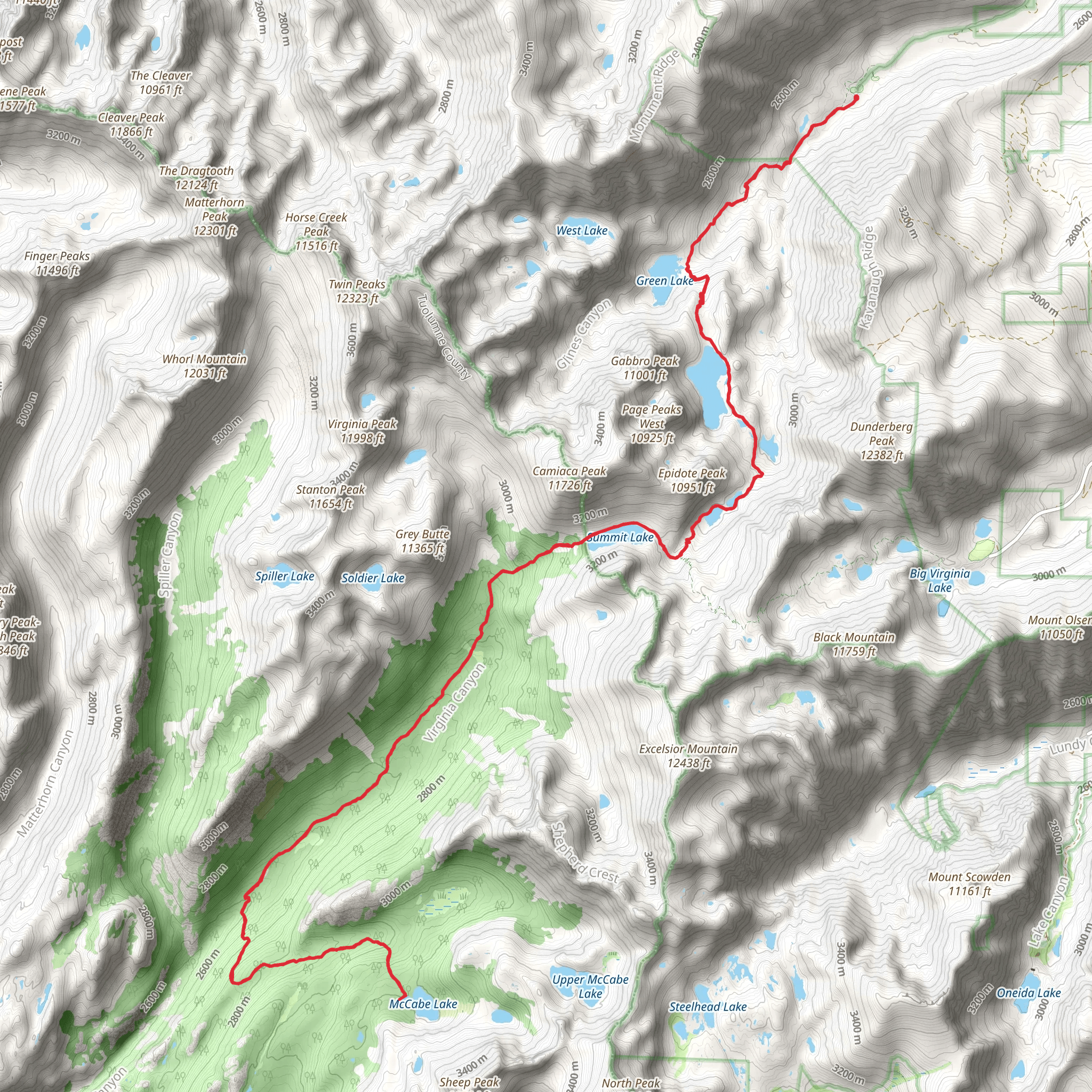 McCabe Lake, Summit Lake and East Lake via Green Creek Trail mobile static map