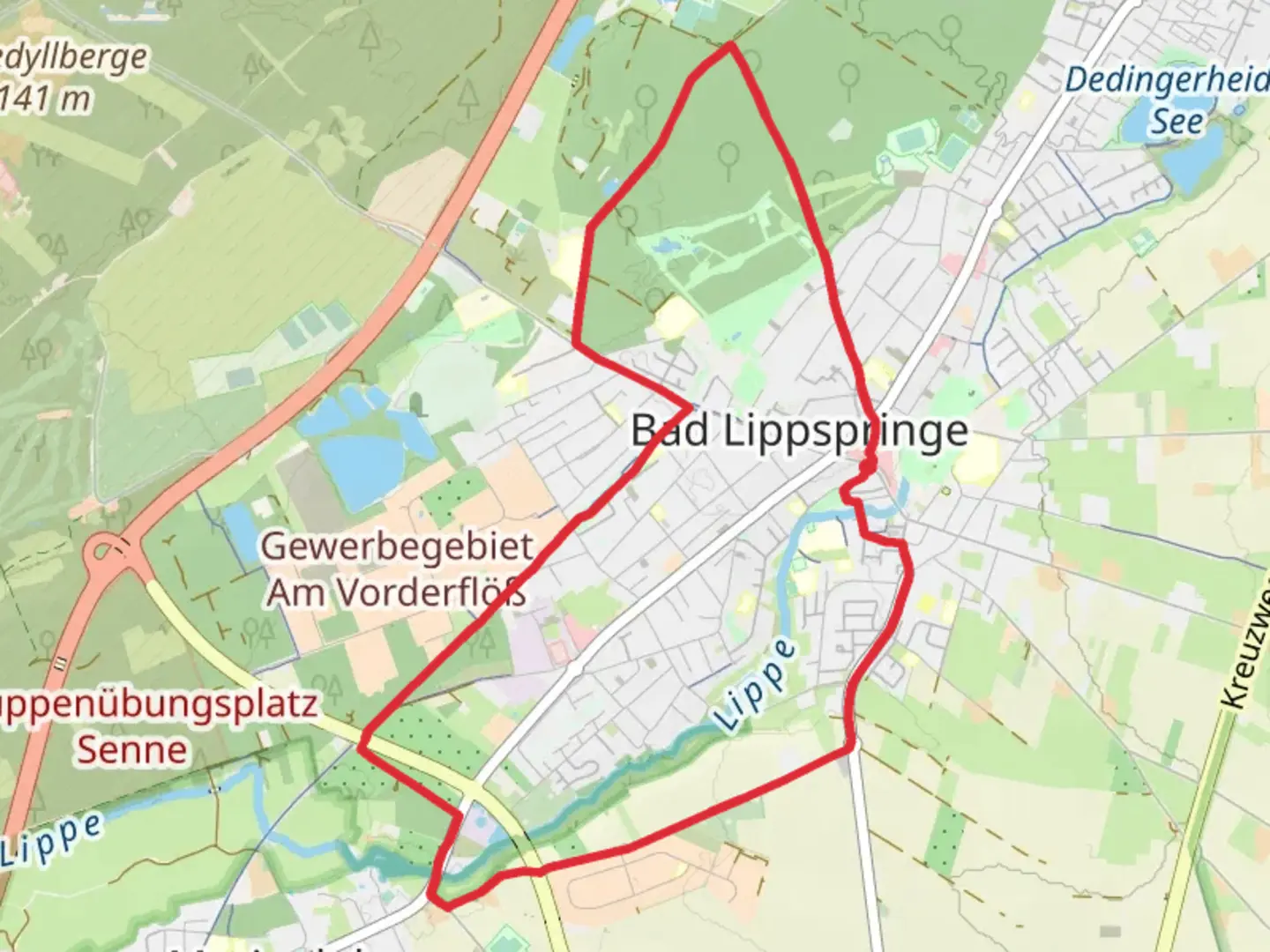 An image depicting the trail Haustenbecker Weg and Lippe Diemel Weg and its surrounding area.