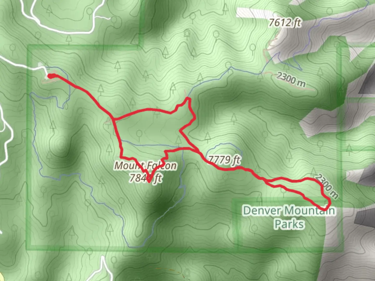 An image depicting the trail Mount Falcon via Meadow Trail and Olde Ute Trail and its surrounding area.