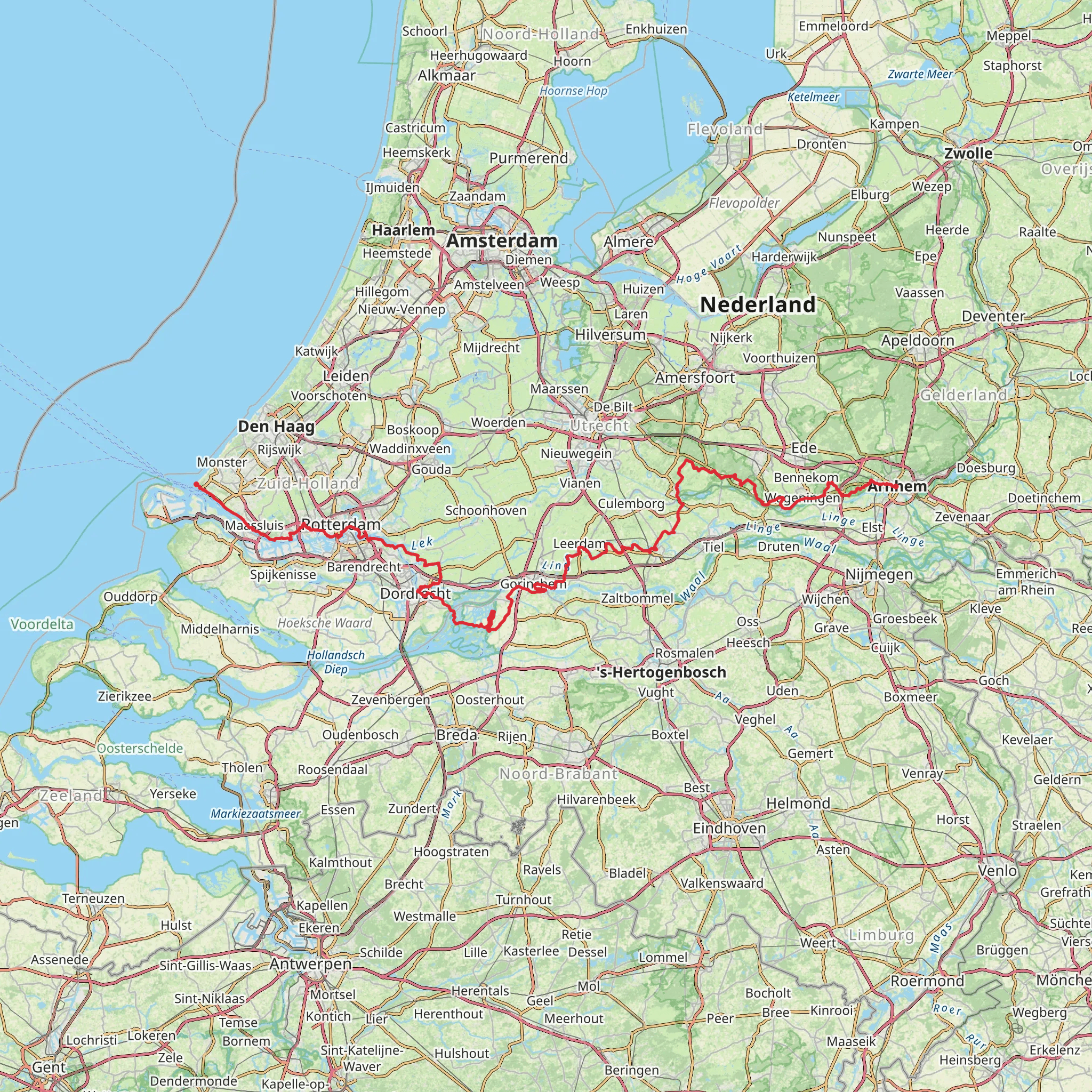 Arnhem to Hoek van Holland Strand via Bosweg, Peilmolenweg and Maassluissedijk mobile static map