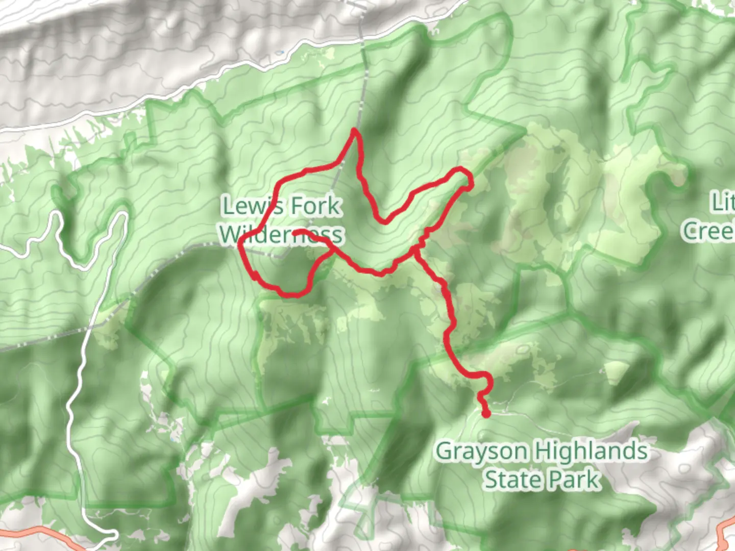 An image depicting the trail Mount Rogers via Rhododendron Trail and Lewis Fork Trail and its surrounding area.