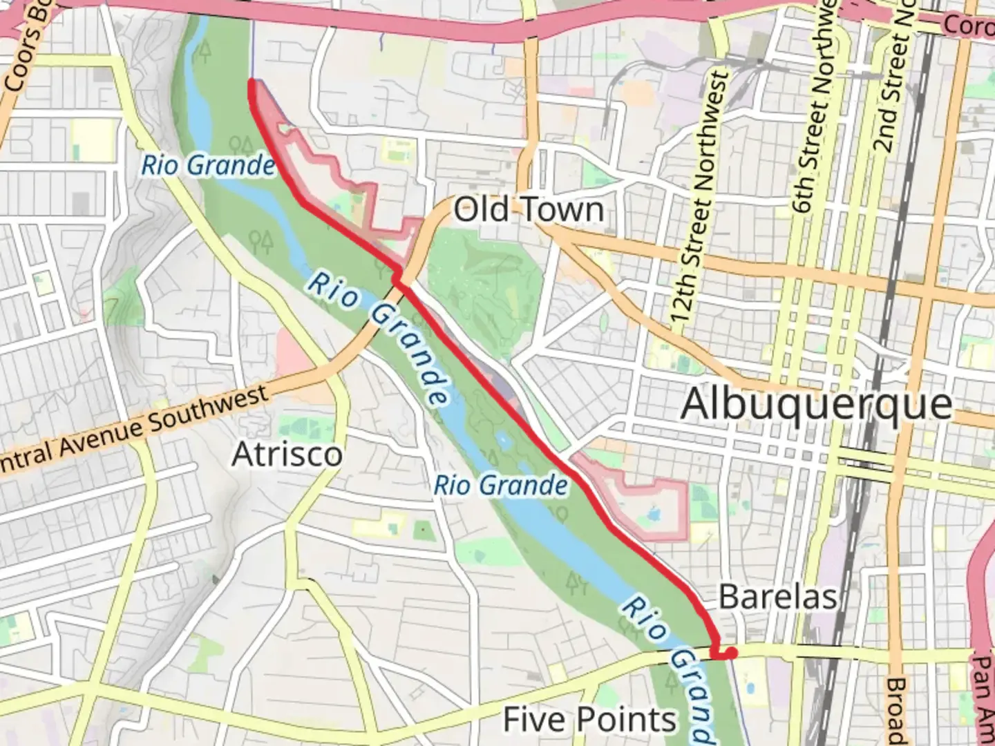 An image depicting the trail Paseo del Bosque Trail from Avenida Dolores Huerta Southwest and its surrounding area.