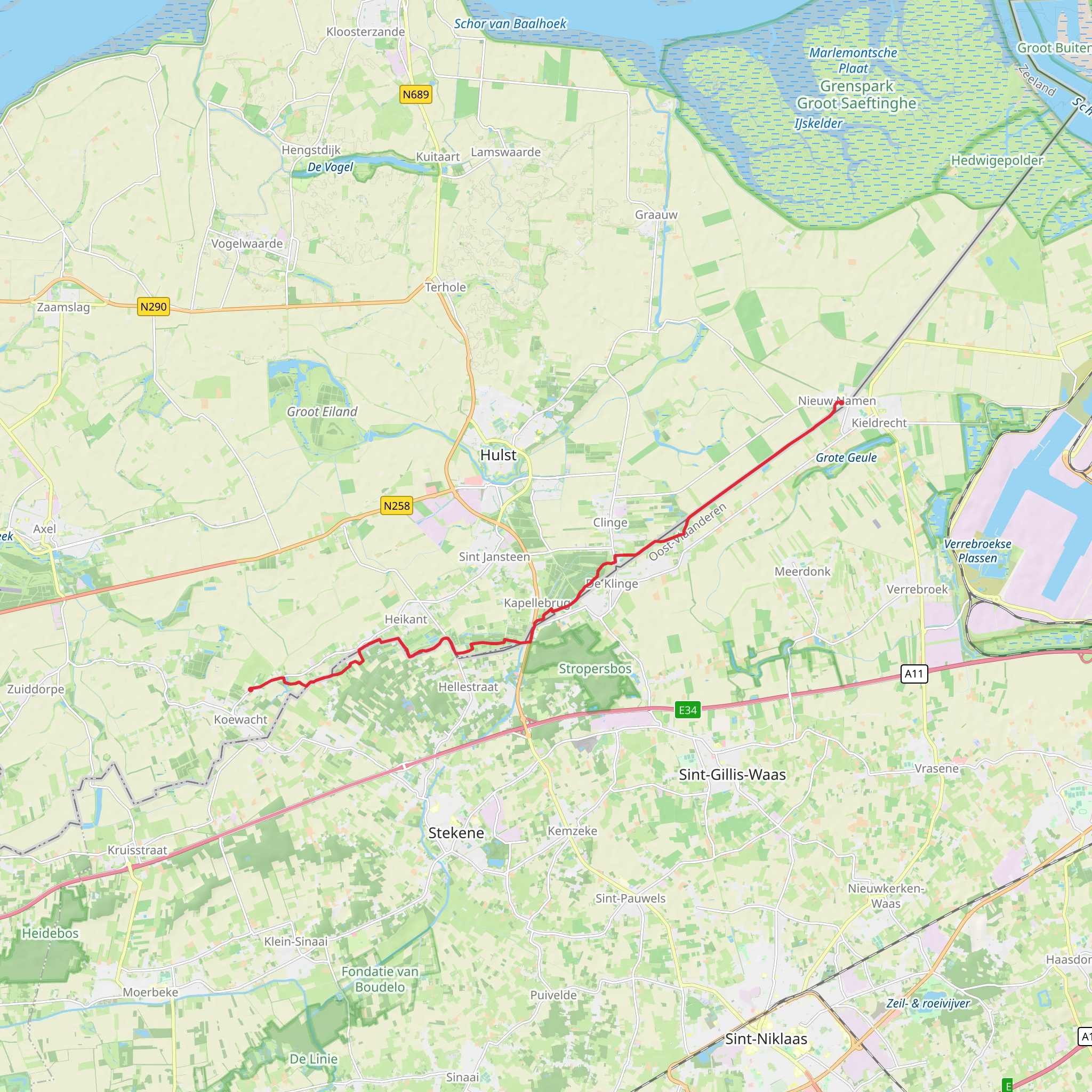 Nieuw Namen to Koewacht via Tweelanden Route mobile static map