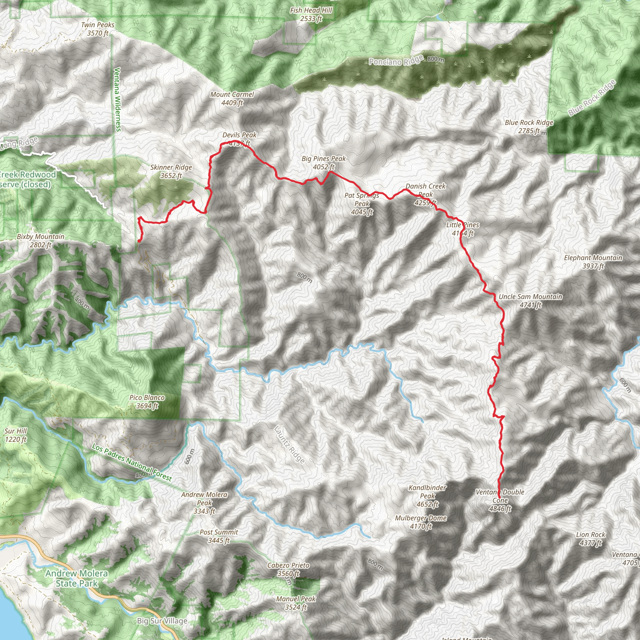 Ventana Double Cone via Skinner Ridge Trail mobile static map
