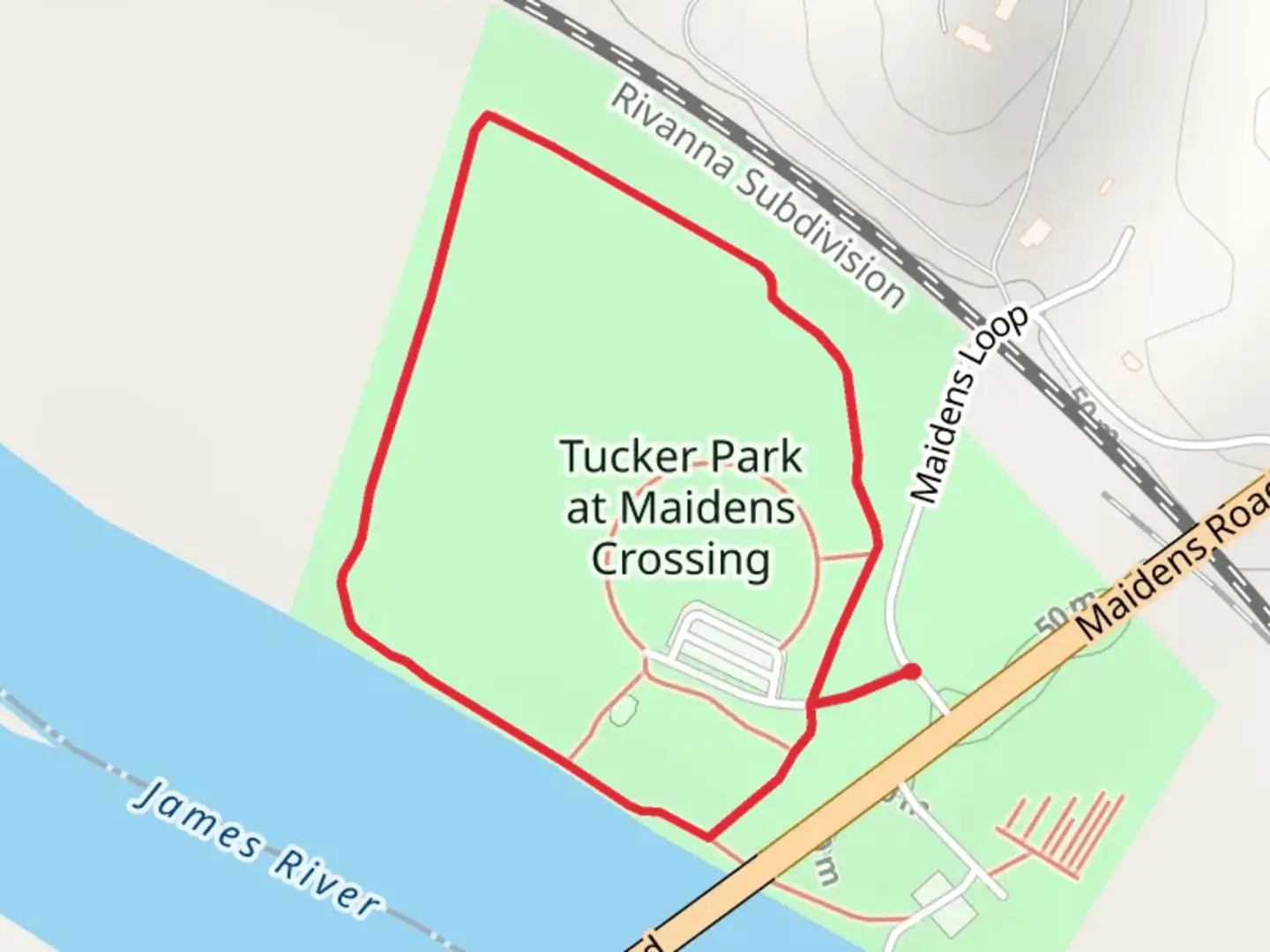 An image depicting the trail Tucker Park at Maidens Crossing and its surrounding area.