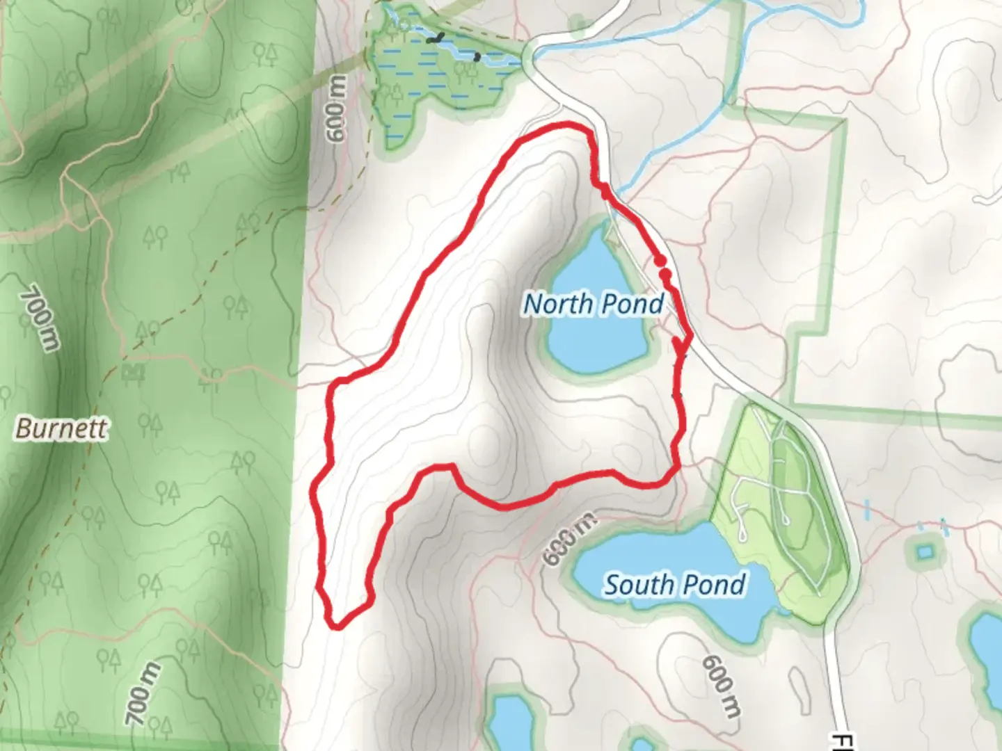 An image depicting the trail North Pond Loop and its surrounding area.