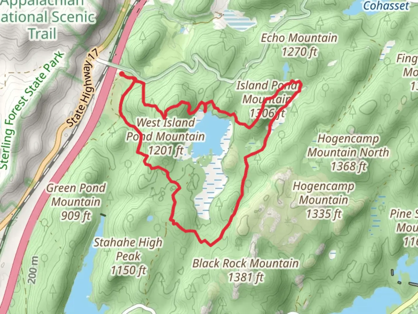 An image depicting the trail Island Pond Mountain and White Bar Loop Trail via Island Pond and its surrounding area.