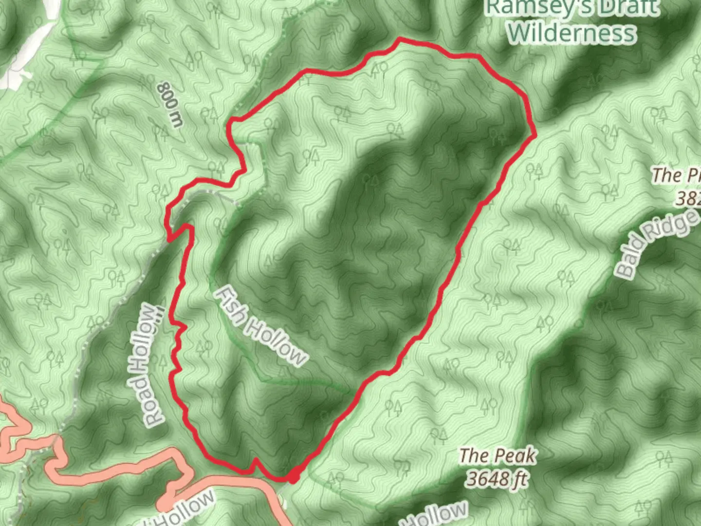 An image depicting the trail Road Hollow, Jerrys Run and Ramseys Draft Loop Trail and its surrounding area.