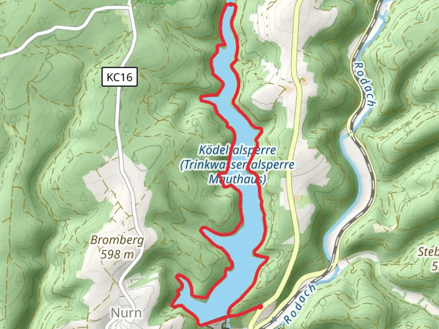 An image depicting the trail Ködeltalsperre Loop and its surrounding area.