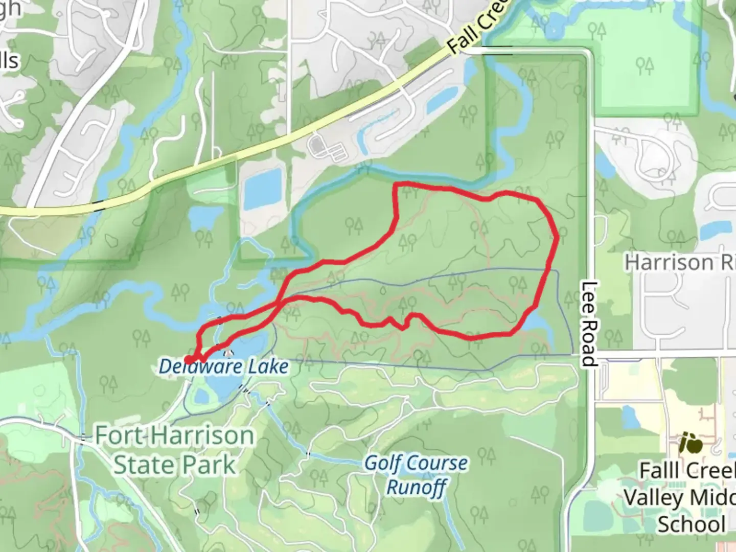 An image depicting the trail Fall CReek Trail and Camp Creek Trail Loop via Delaware Lake and its surrounding area.