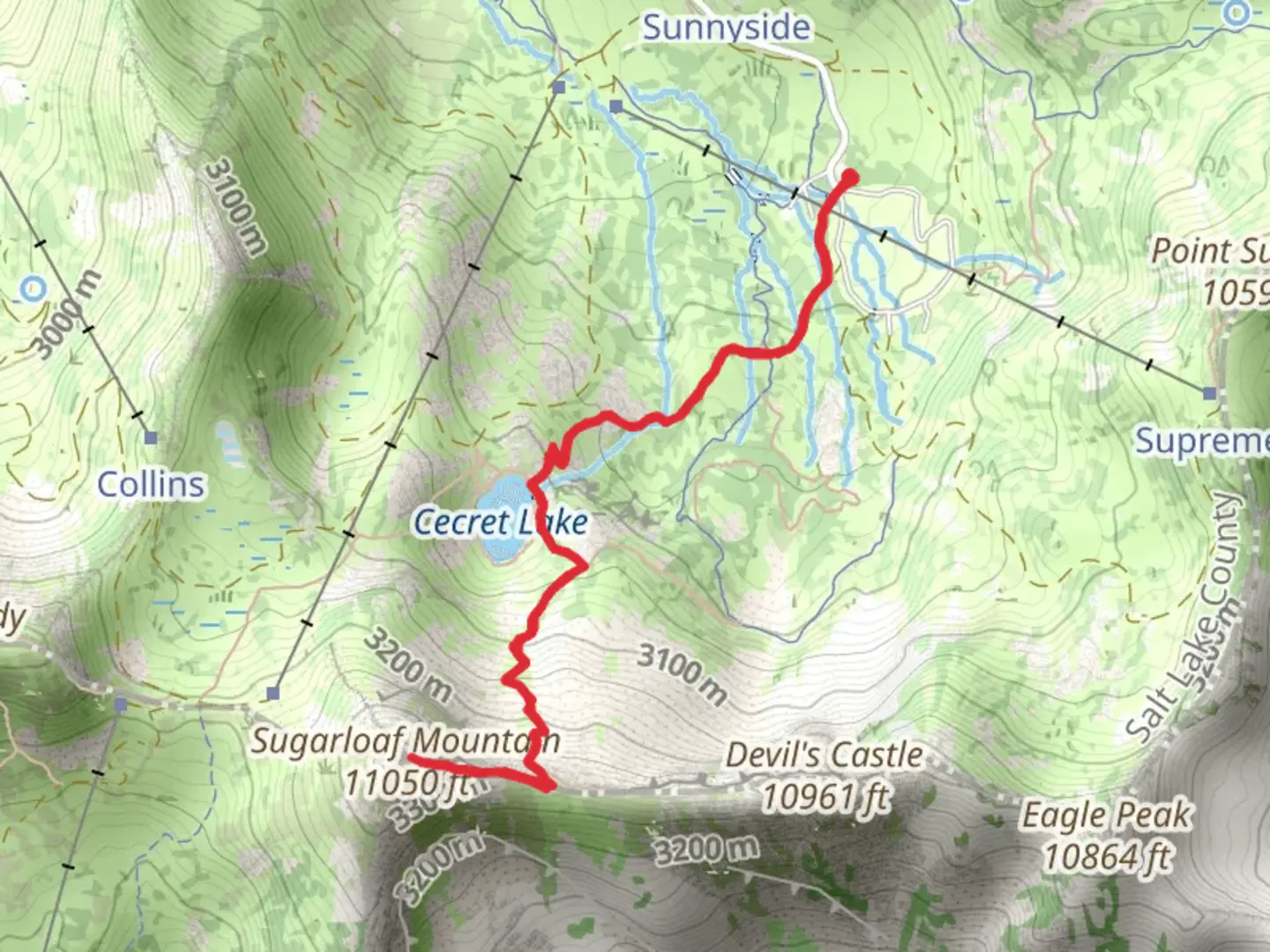 An image depicting the trail Cecret Lake Trail and Sugarloaf Mountain and its surrounding area.