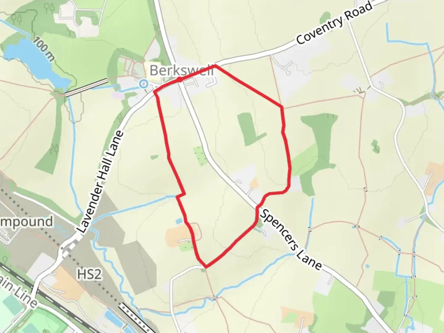 An image depicting the trail Berkswell Loop via Lavender Hall Lane and its surrounding area.
