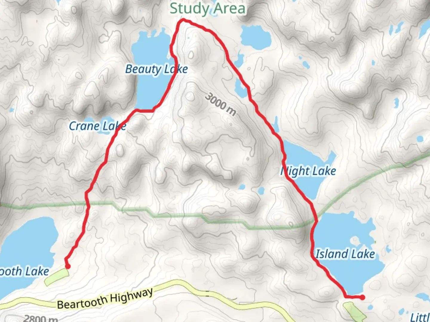 An image depicting the trail Island Lake - Night Lake - Beauty Lake - Beartooth High Lakes Trail and its surrounding area.