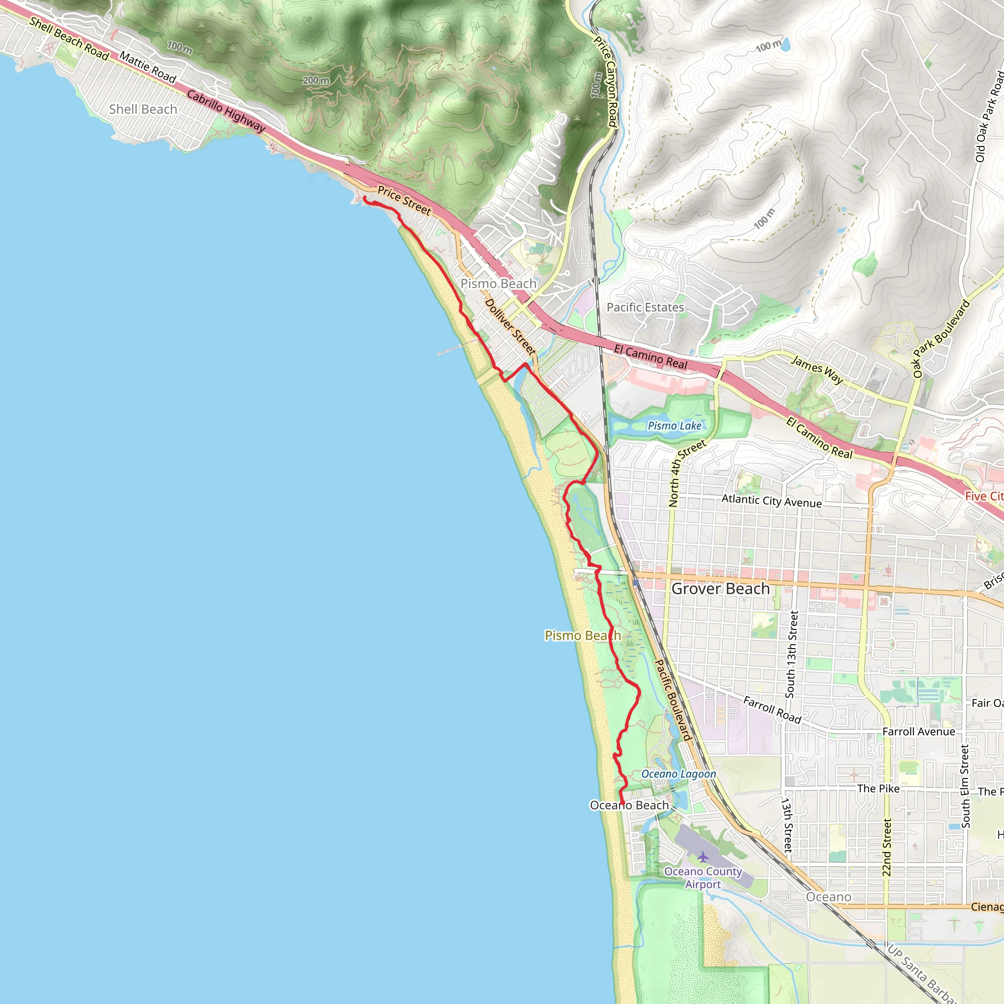 Oceano Beach to Pismo Beach mobile static map