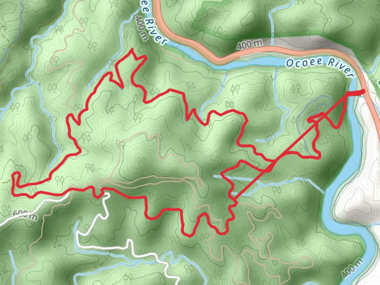 An image depicting the trail Chestnut Mountain Loop from Whitewater Bridge and its surrounding area.