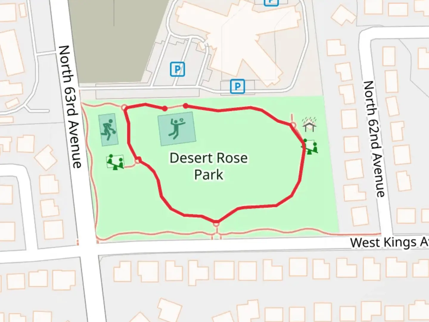 An image depicting the trail Desert Rose Park Loop and its surrounding area.