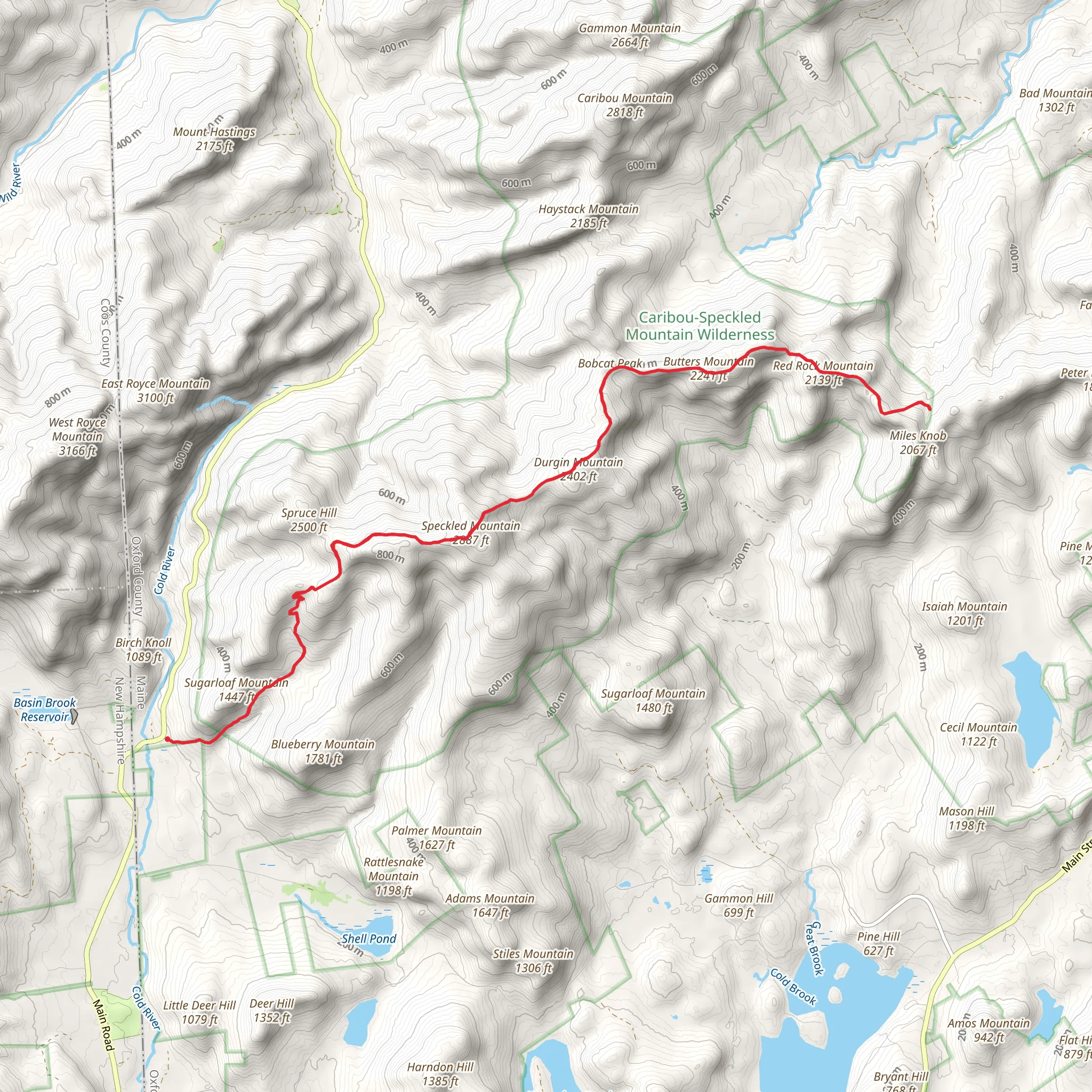 Speckled Mountain to Durgin Mountain to Red Rock Mountain mobile static map
