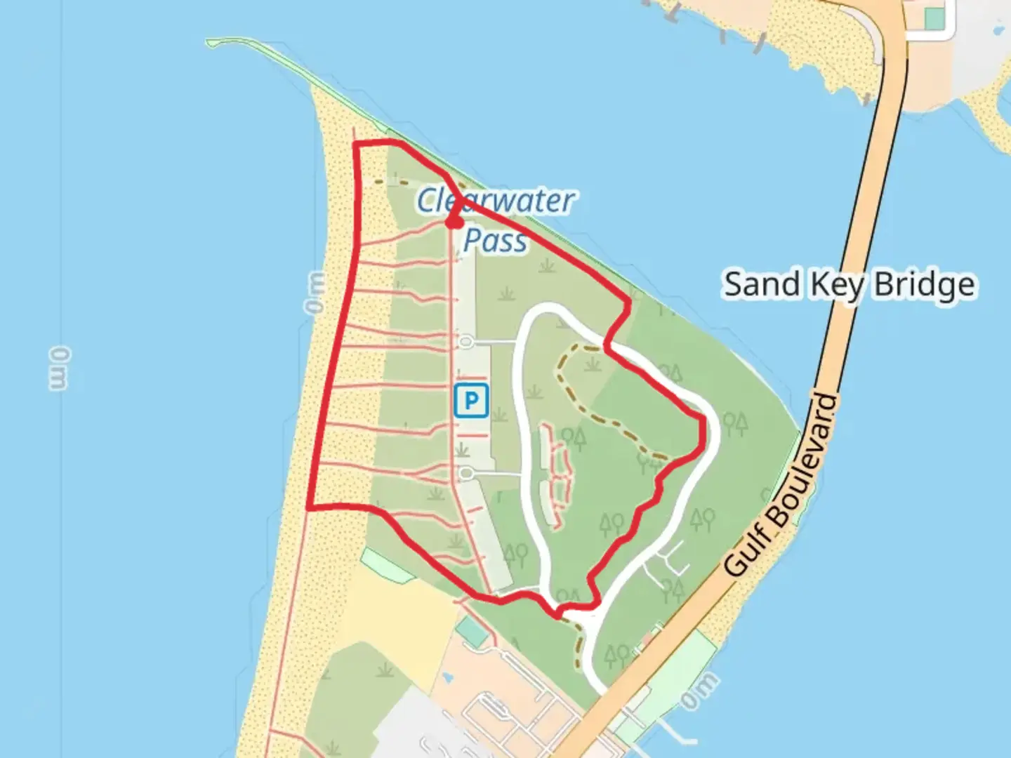 An image depicting the trail Sand Key Park Loop and its surrounding area.