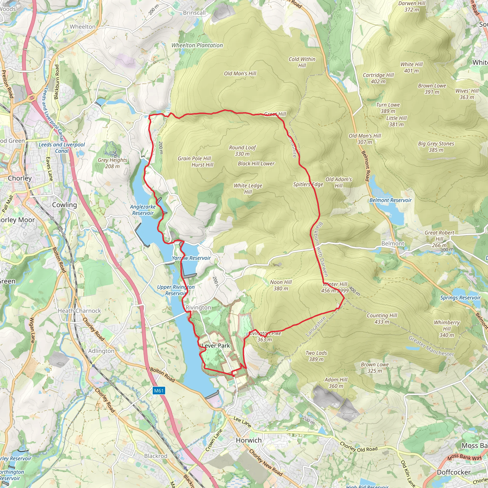 Rivington to White Coppice Loop via Anglezarke Reservoir mobile static map