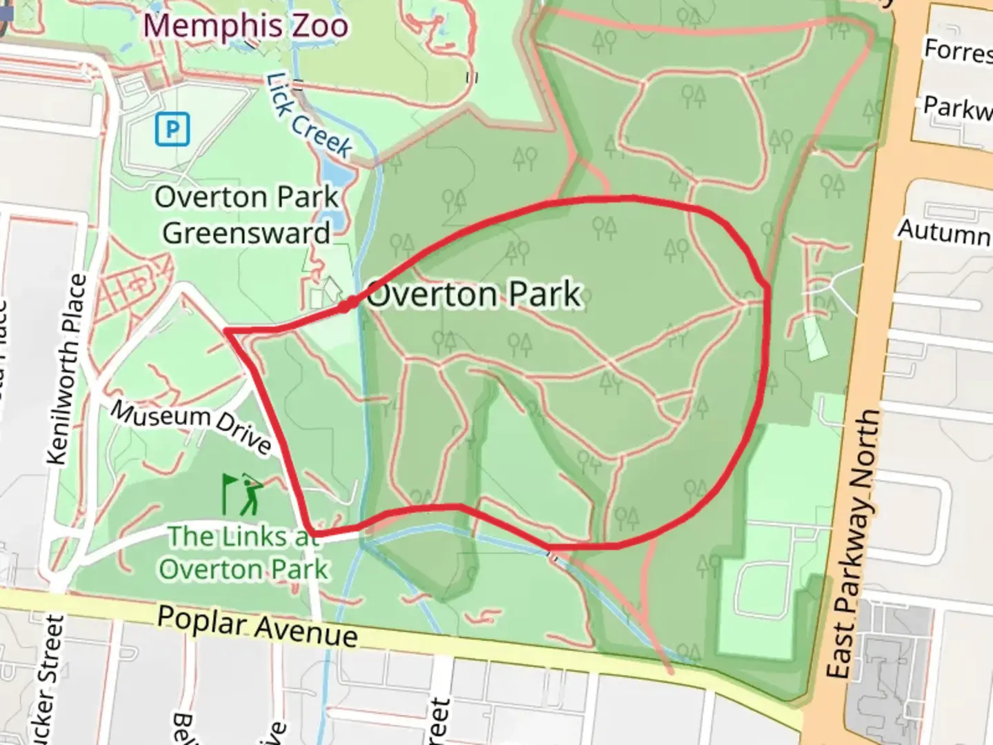 An image depicting the trail Overton Park Loop and its surrounding area.