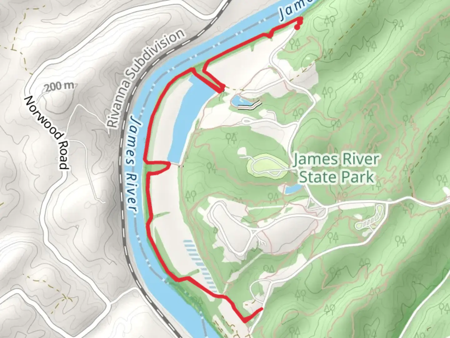An image depicting the trail James River Trail and its surrounding area.