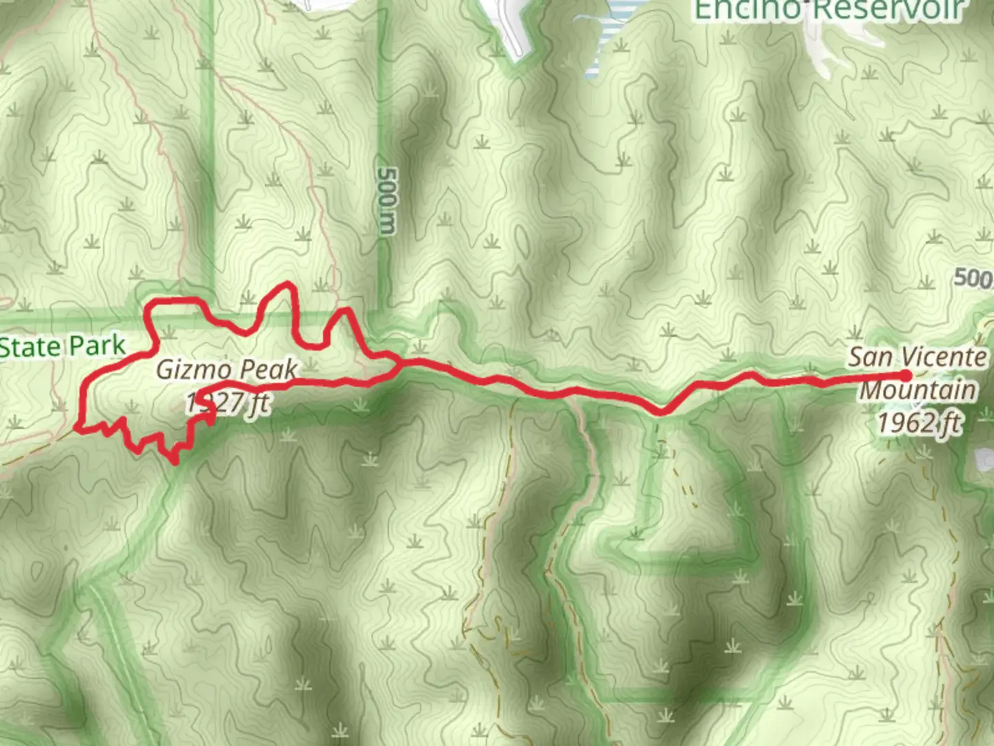 An image depicting the trail Gizmo Peak via Mulholland Drive and its surrounding area.