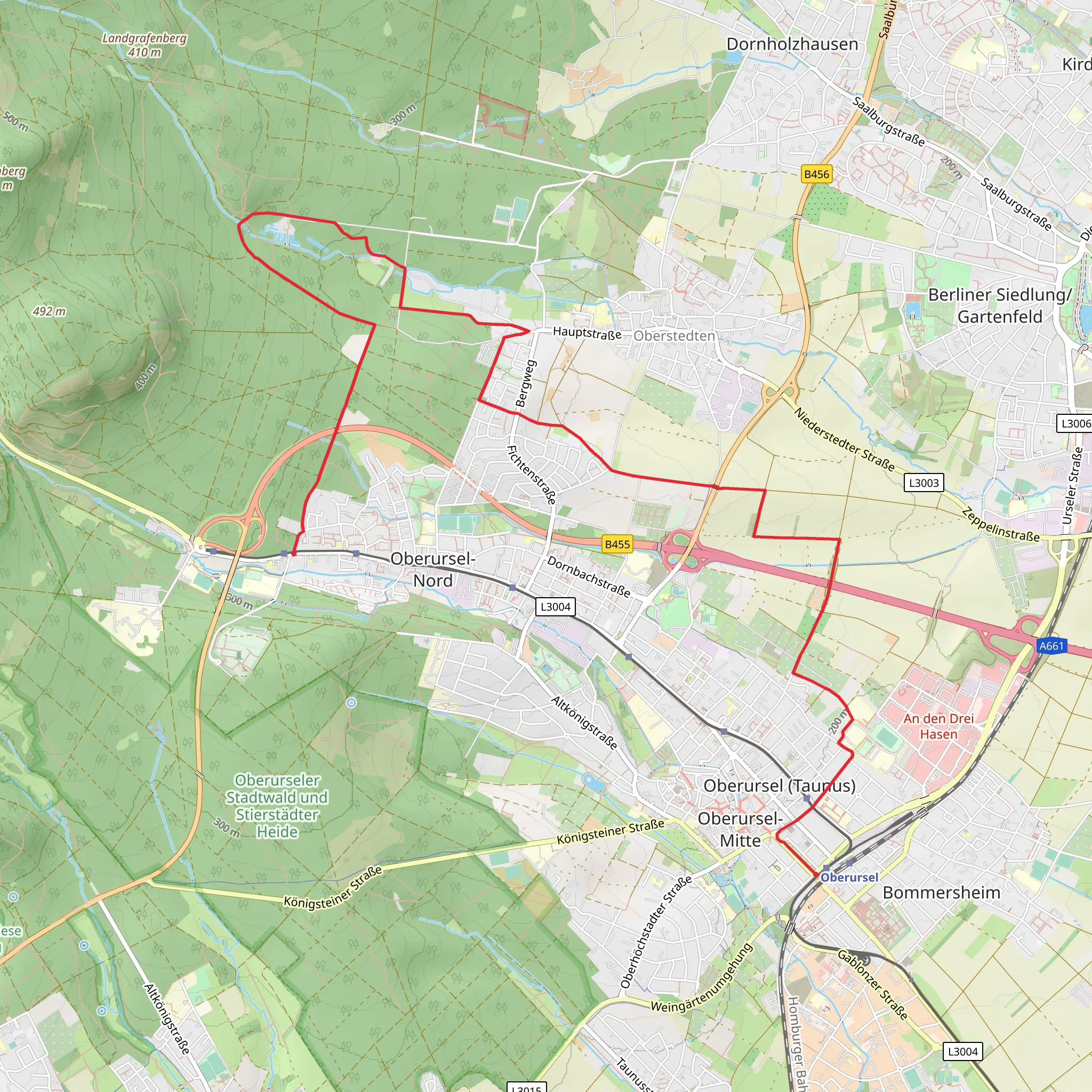 Waldlust to Oberursel Bahnhof via Oberurseler Rundwanderweg mobile static map