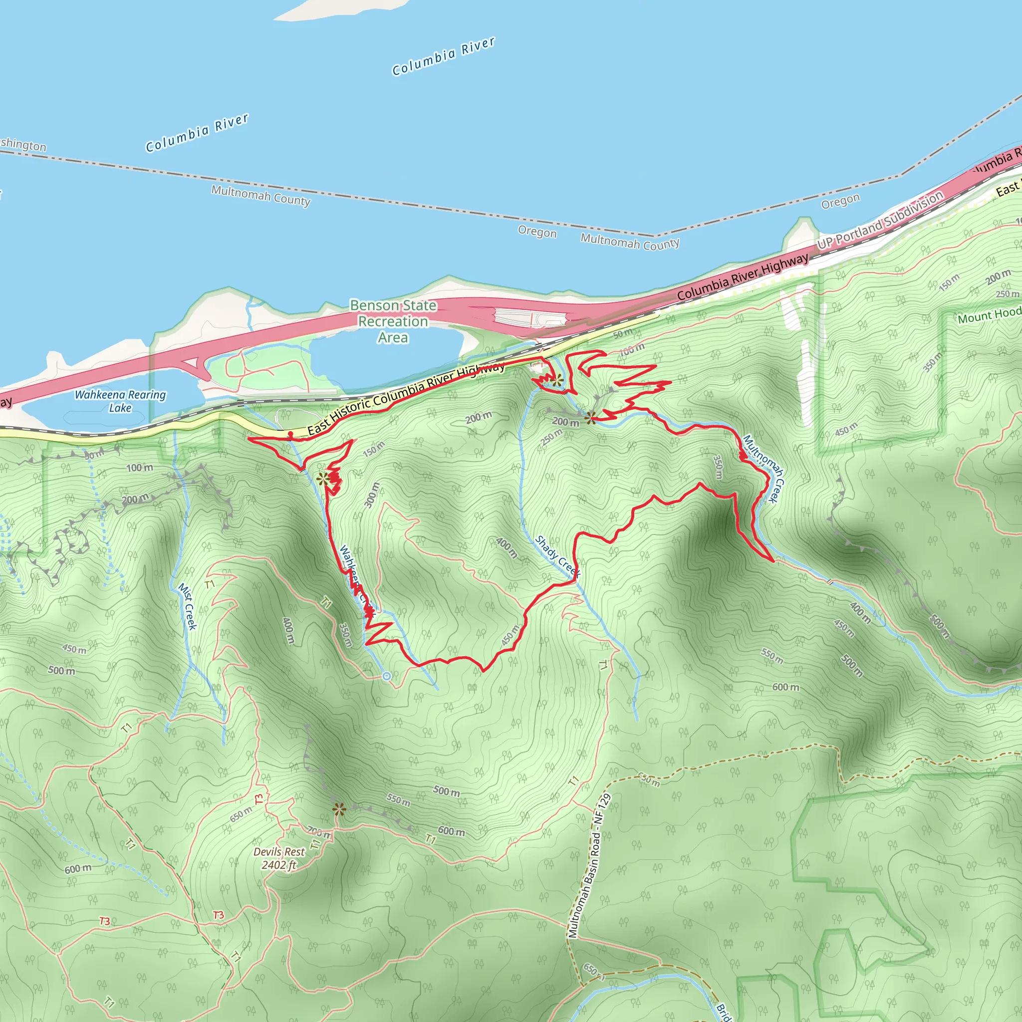 Wahkeena, Top of the Falls and Larch Mountain Loop Trail mobile static map