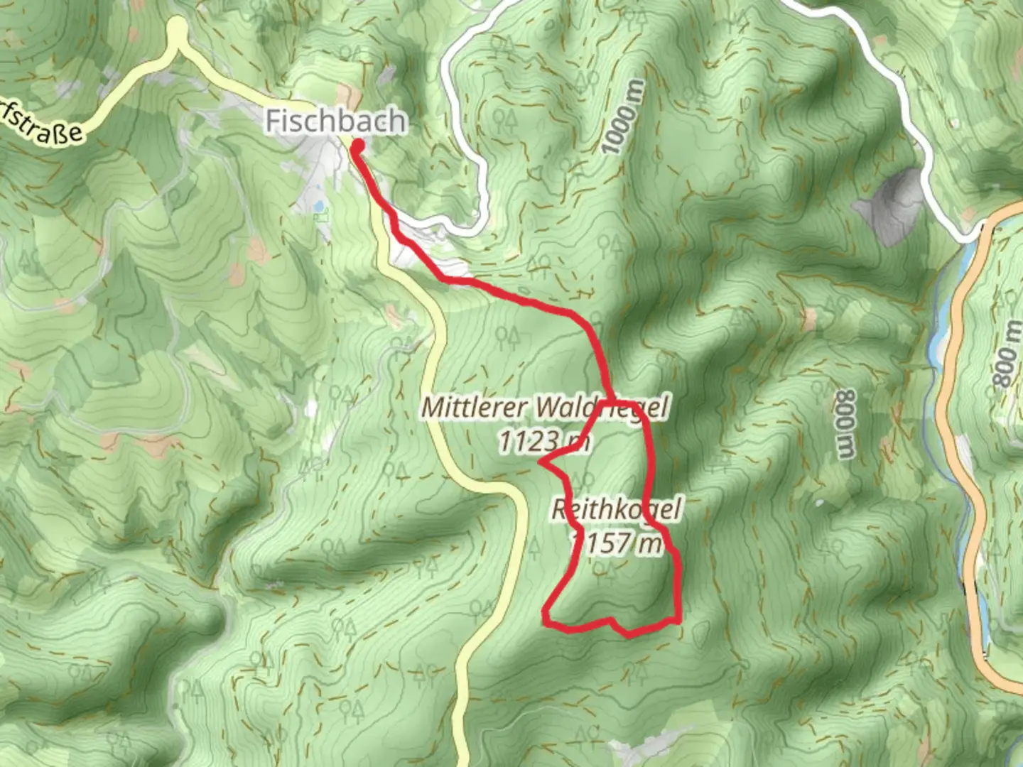 An image depicting the trail Fischbach to Reithkogel Meadow and its surrounding area.