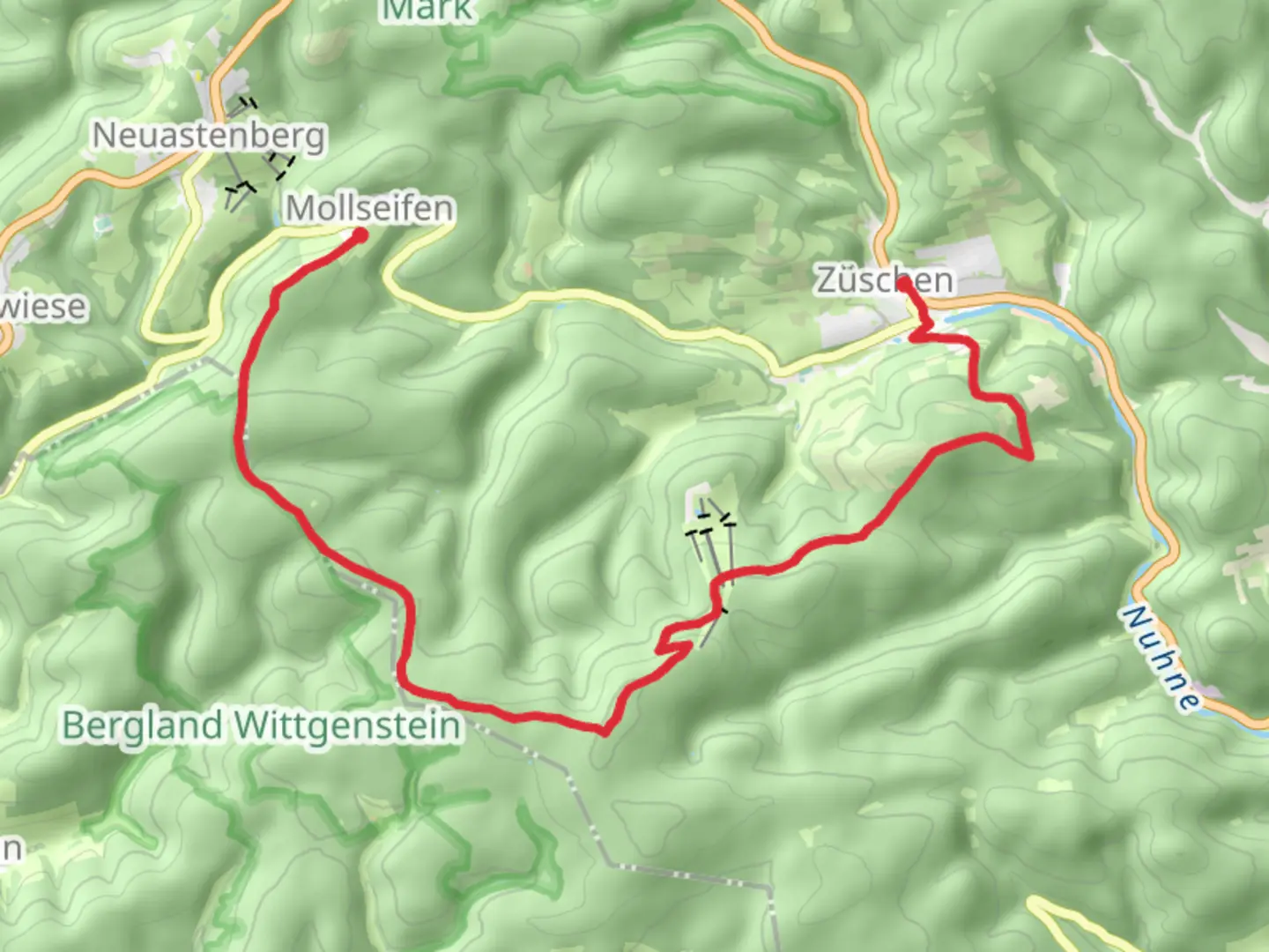 An image depicting the trail Züschen to Mollseifen via Sauerland-Hoehenflug and its surrounding area.