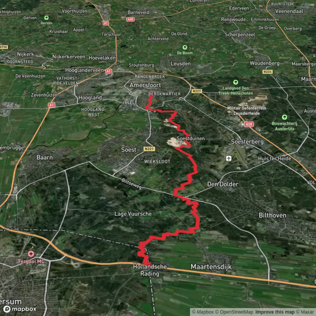 An image depicting the trail Hollandsche Rading to Amersfoort Centraal via Bosvijver and Marskrammerpad and its surrounding area.