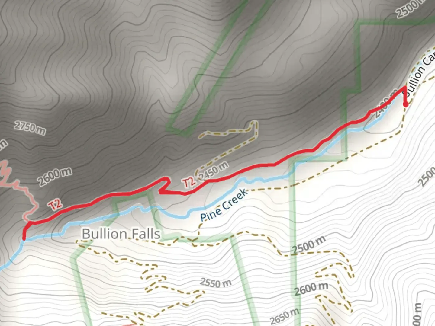 An image depicting the trail Pine Creek via Bullion Pasture Miners Park and its surrounding area.