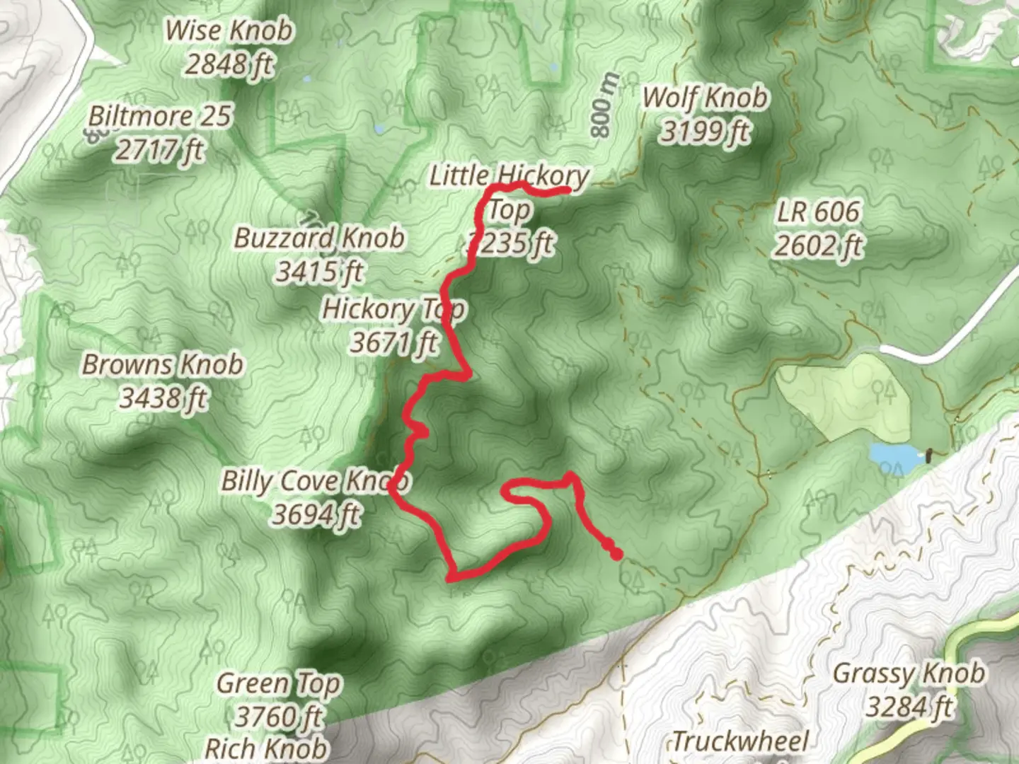 An image depicting the trail Ingles Fields Gap via Greens Lick Trail and its surrounding area.