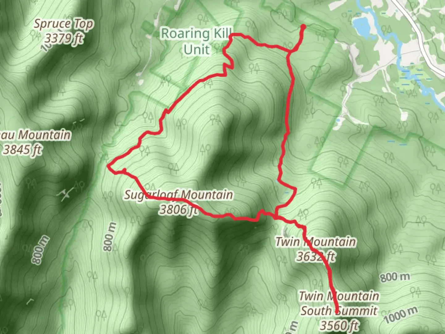 An image depicting the trail SugarLoaf and Twin Mountain Loop Trail and its surrounding area.