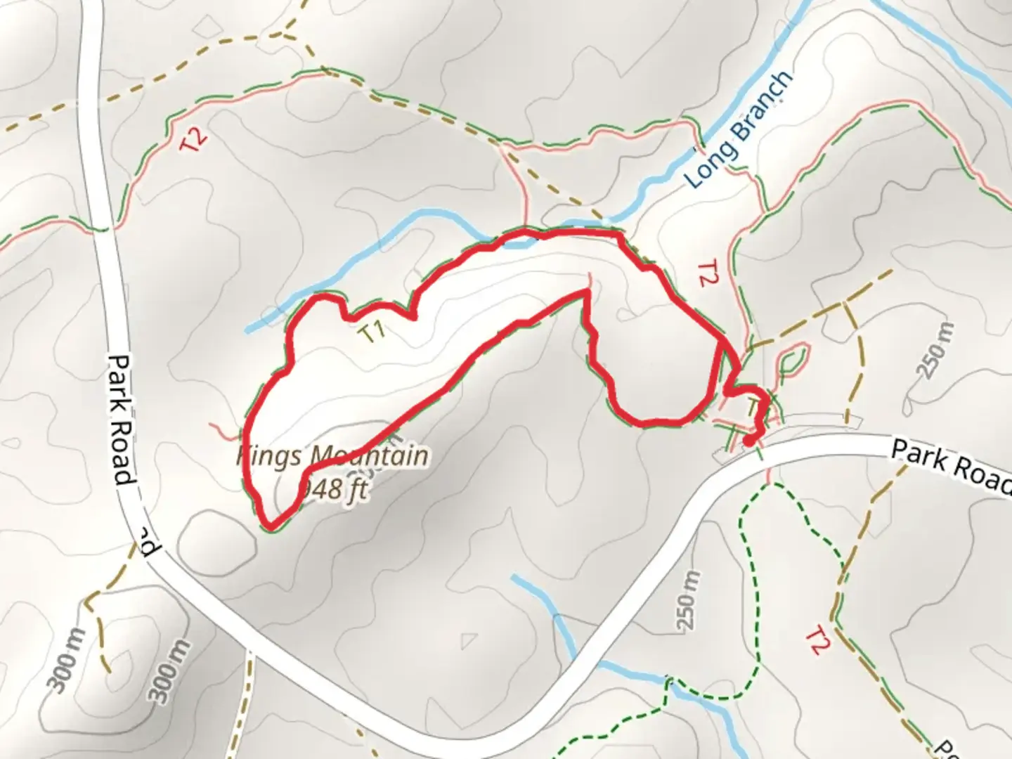 An image depicting the trail Kings Mountain Loop via Battlefield Trail and its surrounding area.