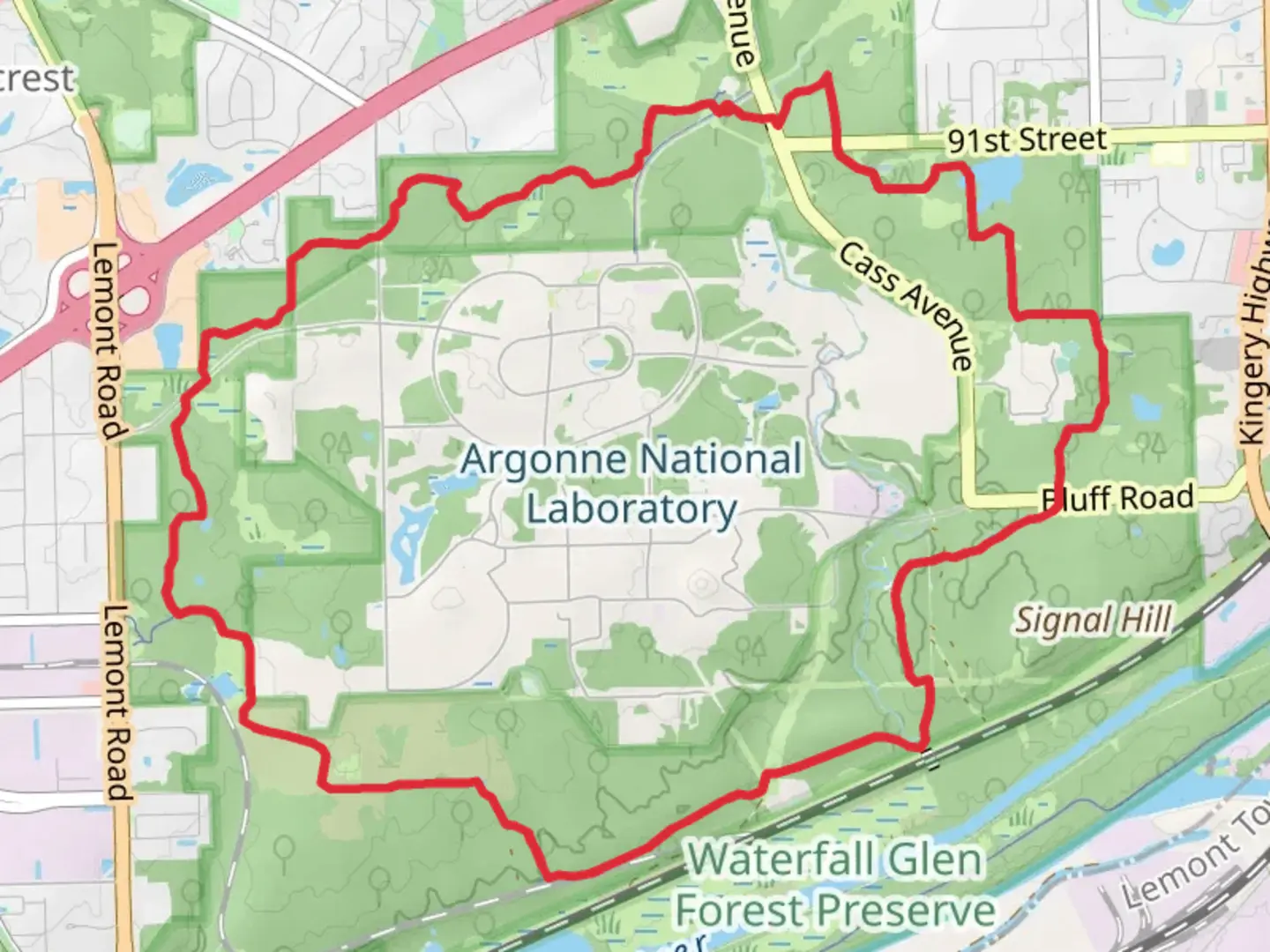 An image depicting the trail Waterfall Glen Main Trail Loop and its surrounding area.