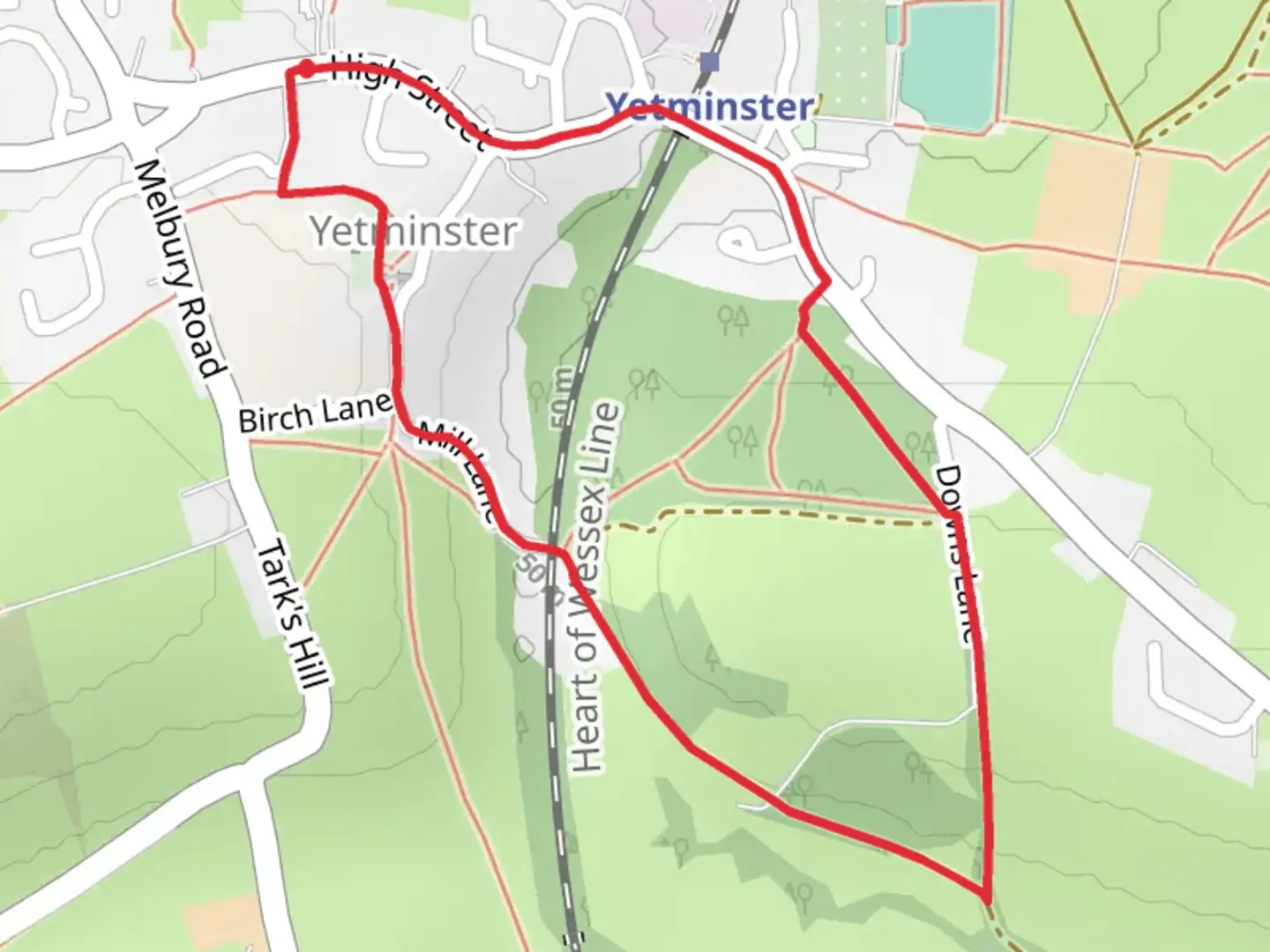 An image depicting the trail Vecklands Mill Farm in Yetminster Loop and its surrounding area.