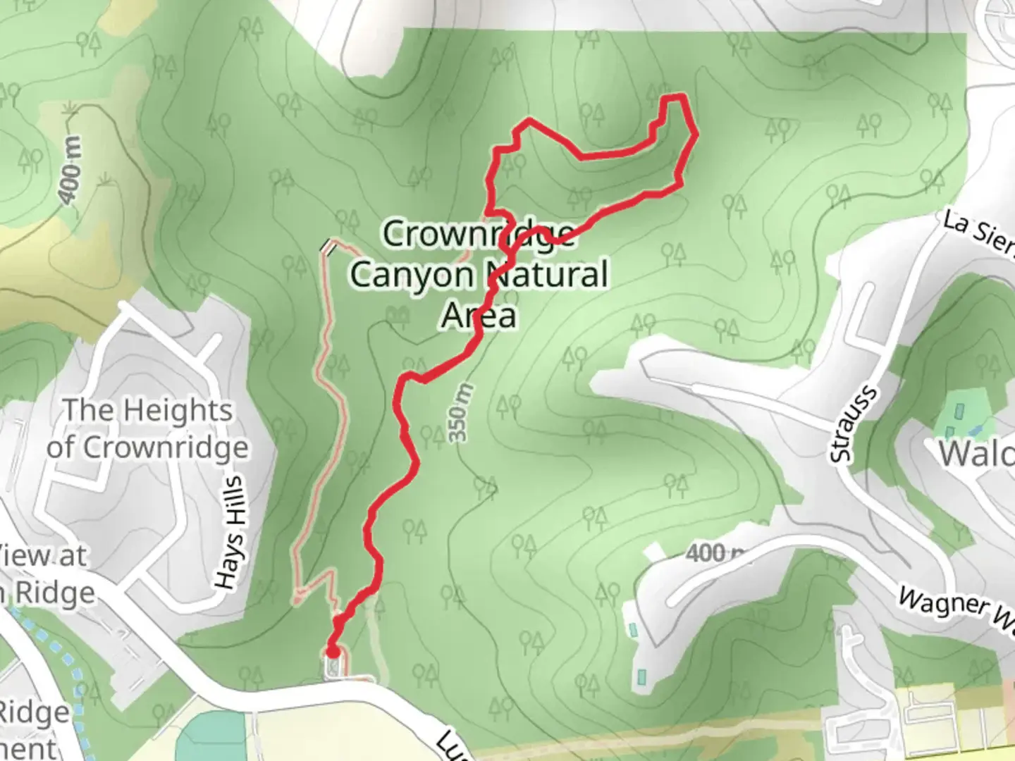 An image depicting the trail Bear Grass Loop via Red Oak Trail and its surrounding area.