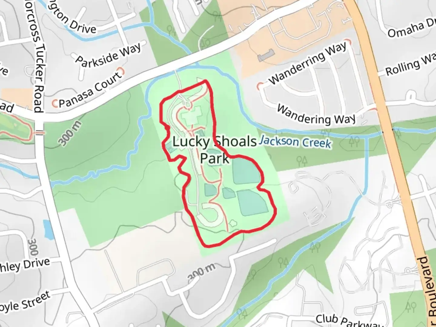 An image depicting the trail Lucky Shoals Park Loop and its surrounding area.