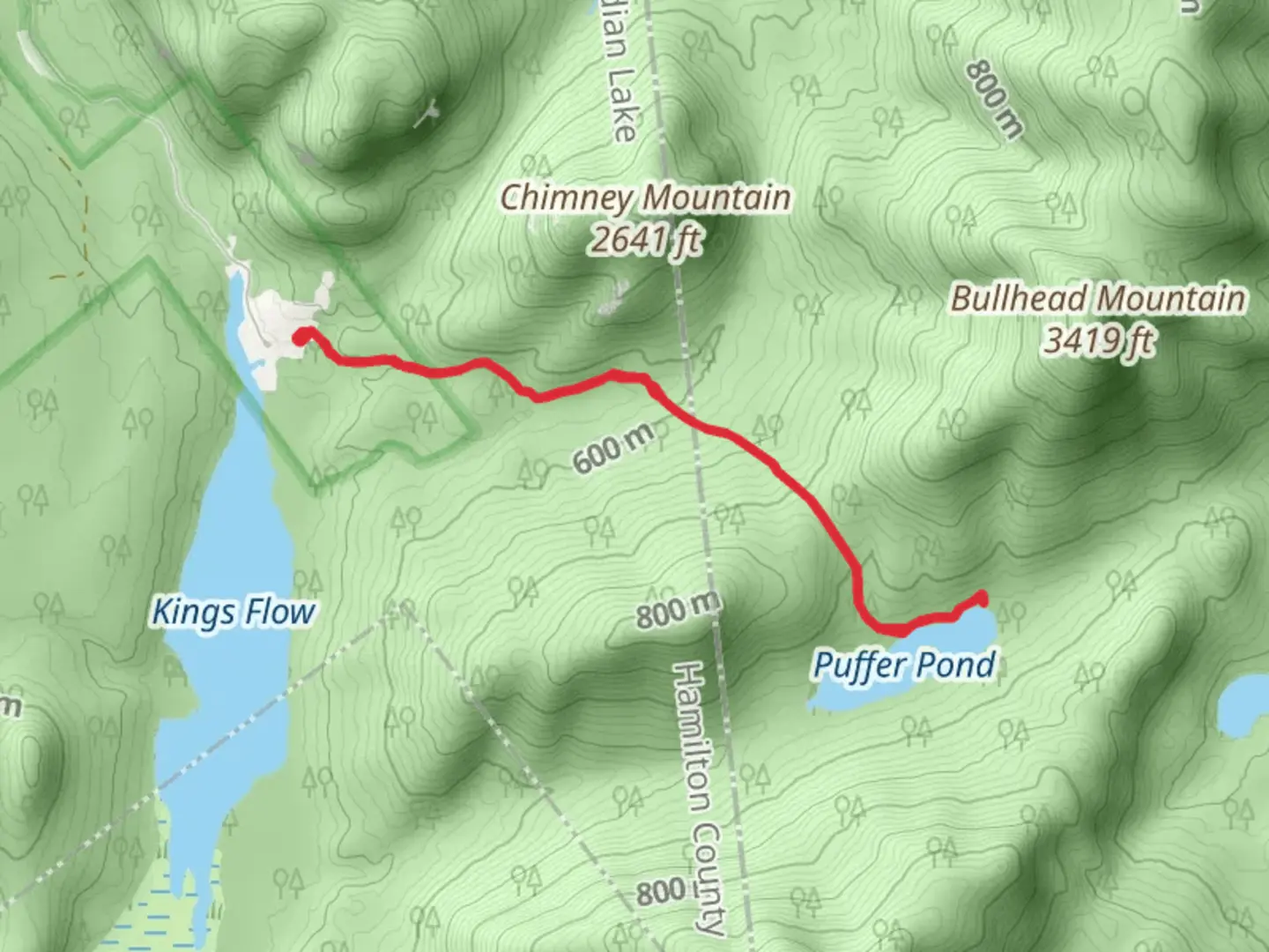 An image depicting the trail Puffer Pond from Kings Flow and its surrounding area.