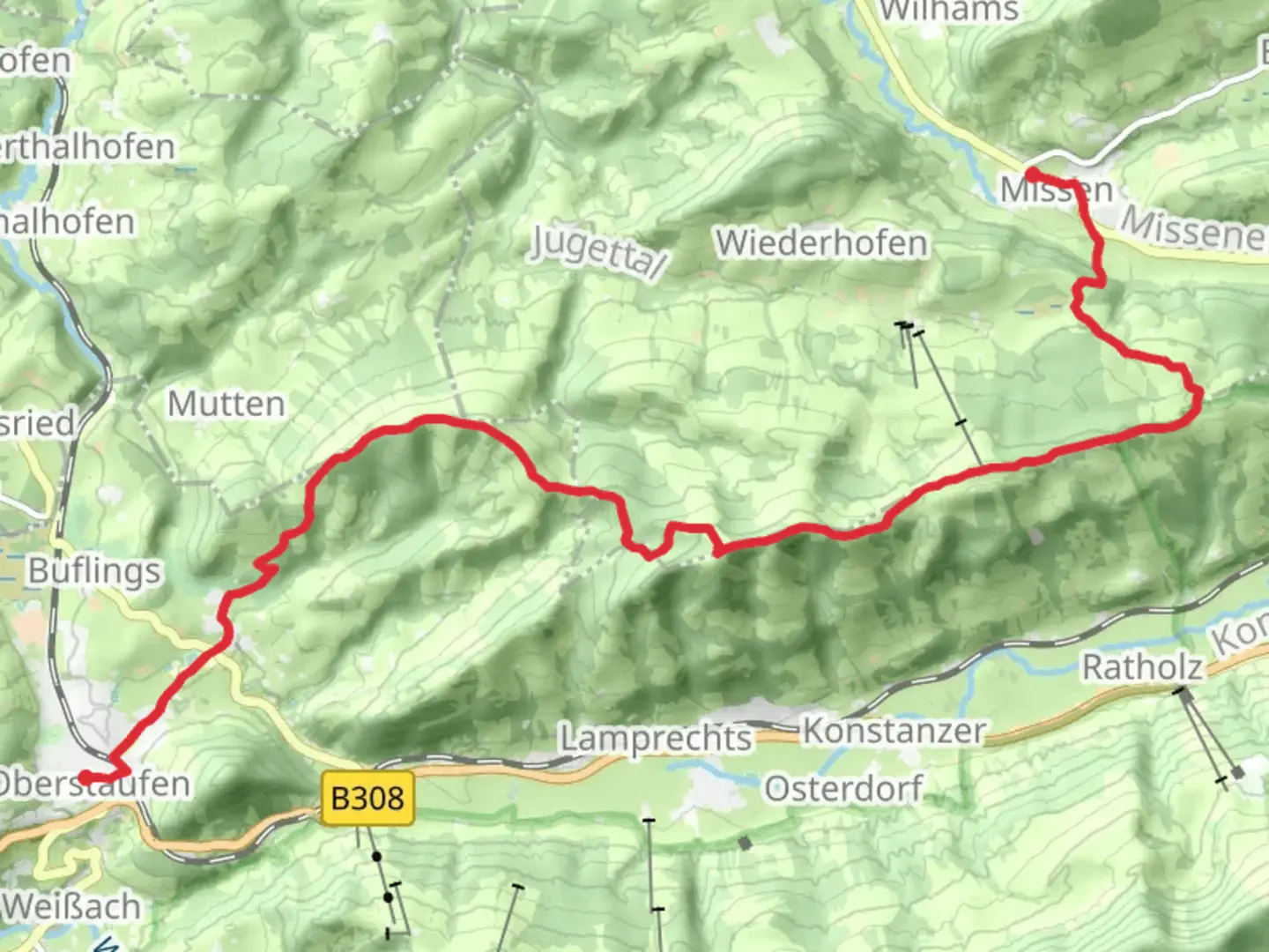 An image depicting the trail Missen to Oberstaufen Walk and its surrounding area.
