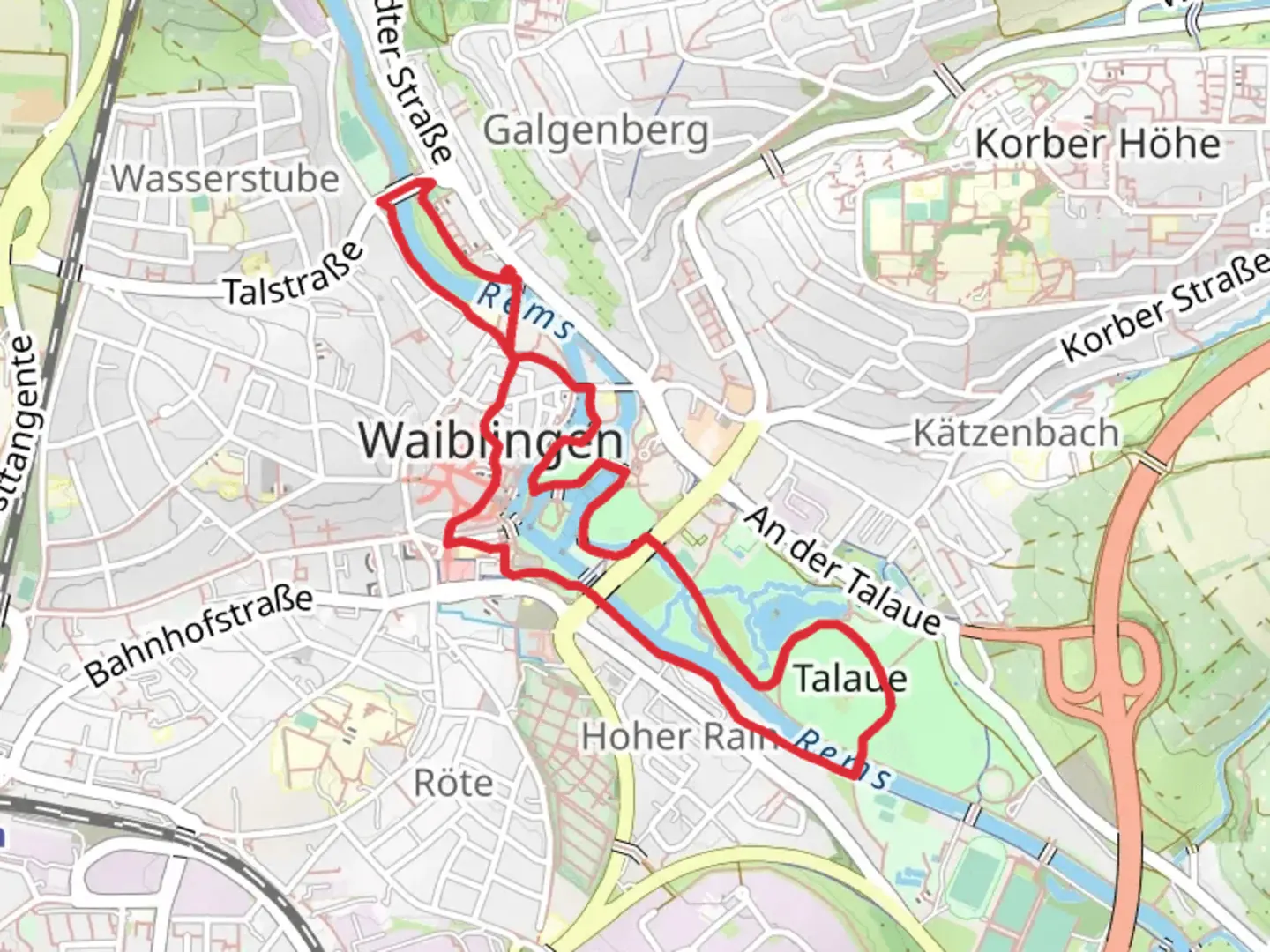 An image depicting the trail Rems and Talauesee via Talauekunst Weg and its surrounding area.