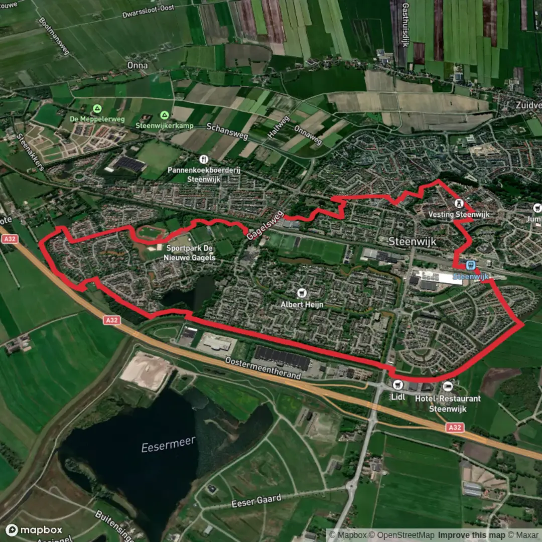 An image depicting the trail Woldmeenthe and Nieuwe Gagels Loop and its surrounding area.