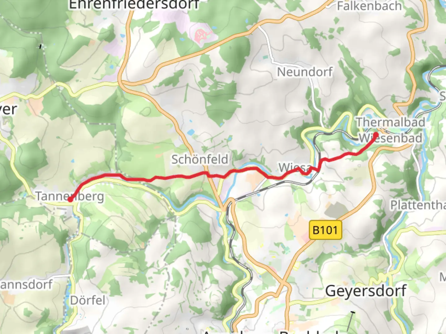 An image depicting the trail Tannenberg to Thermalbad Wiesenbad via Untere Dorfstrasse and its surrounding area.