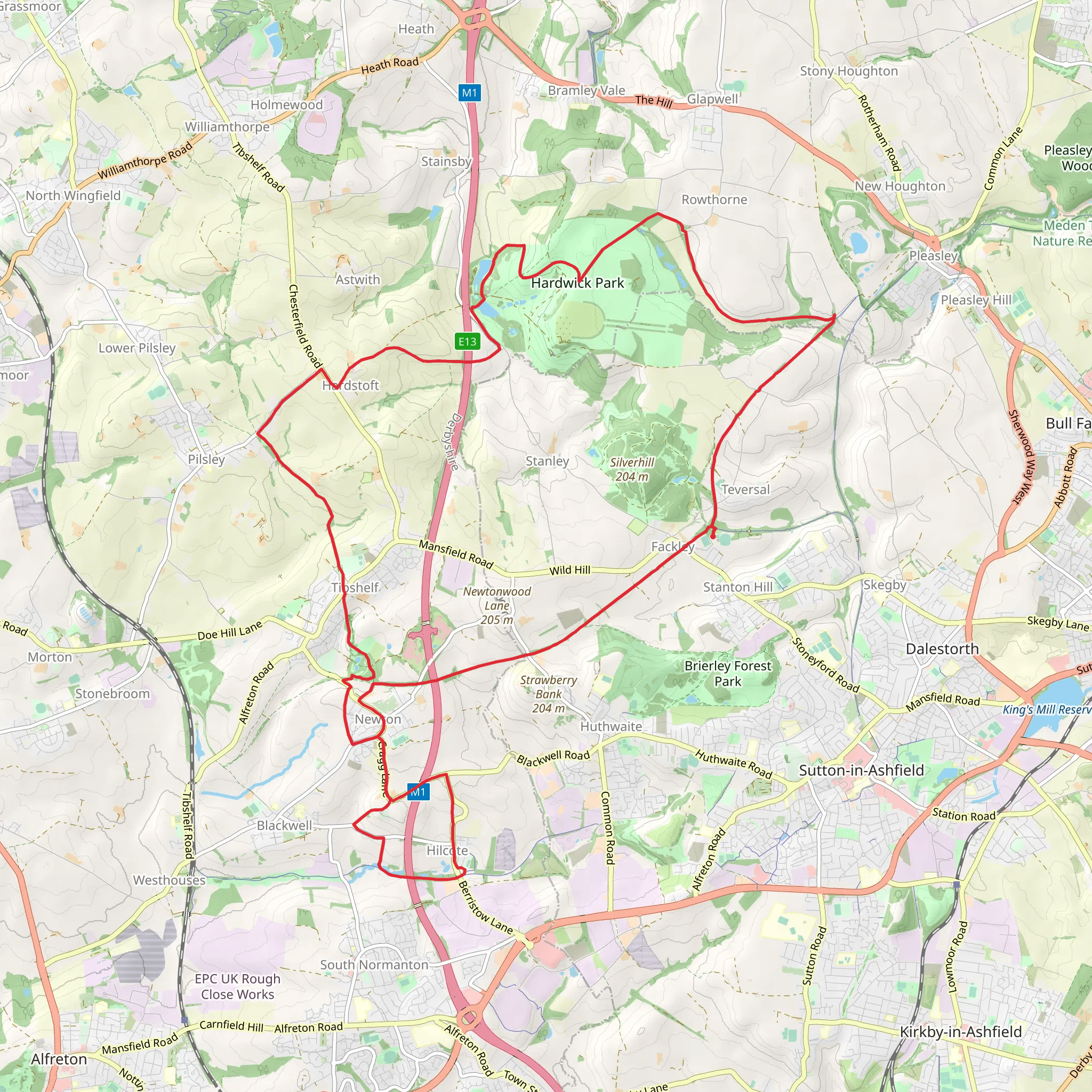 Broadaok Hill via Teversal Trail, Rowthorne Trail and Five Pits Trail mobile static map