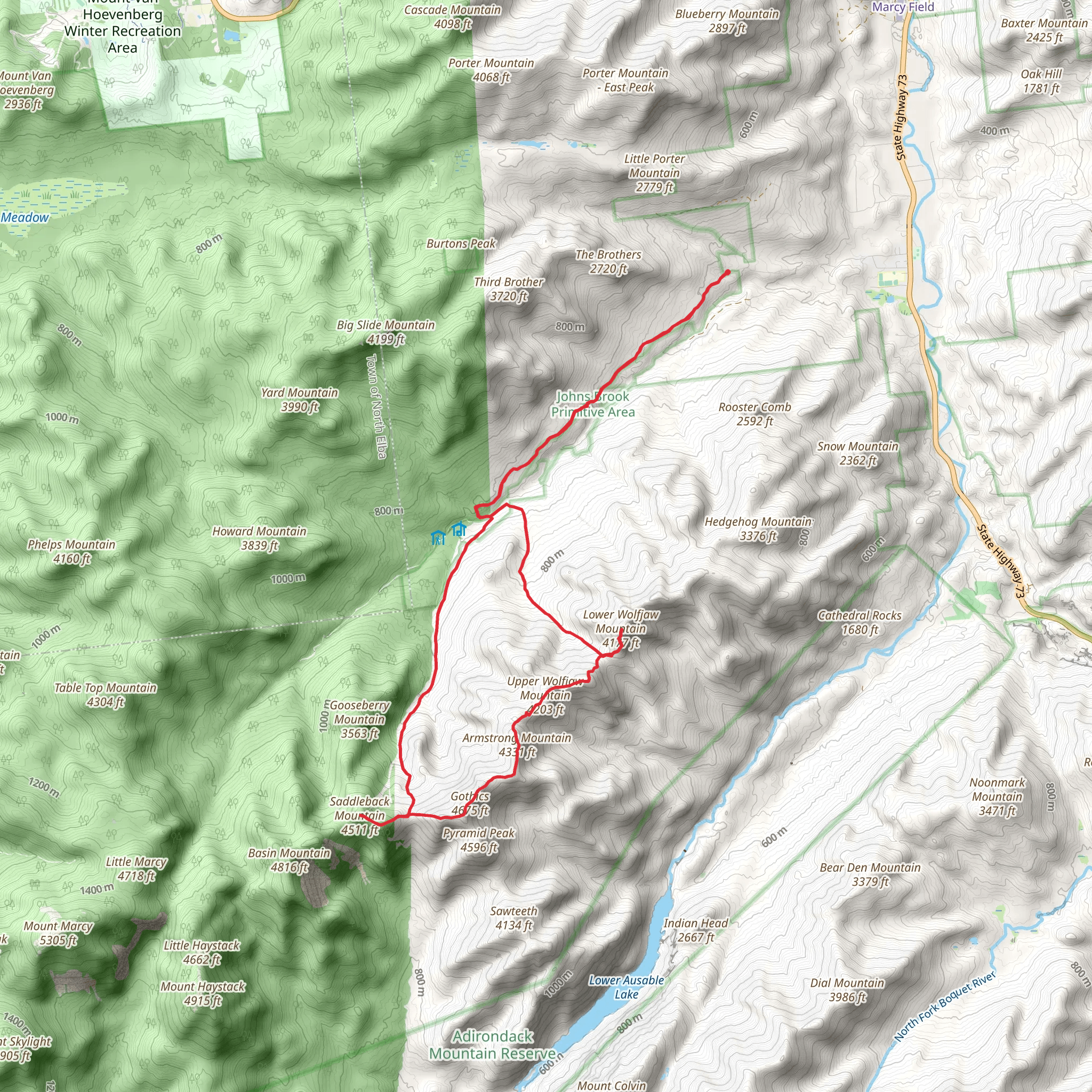 Lower Wolfjaw Mountain and Saddleback Mountain, Orebed Brook Trail Loop via Phelps Trail mobile static map